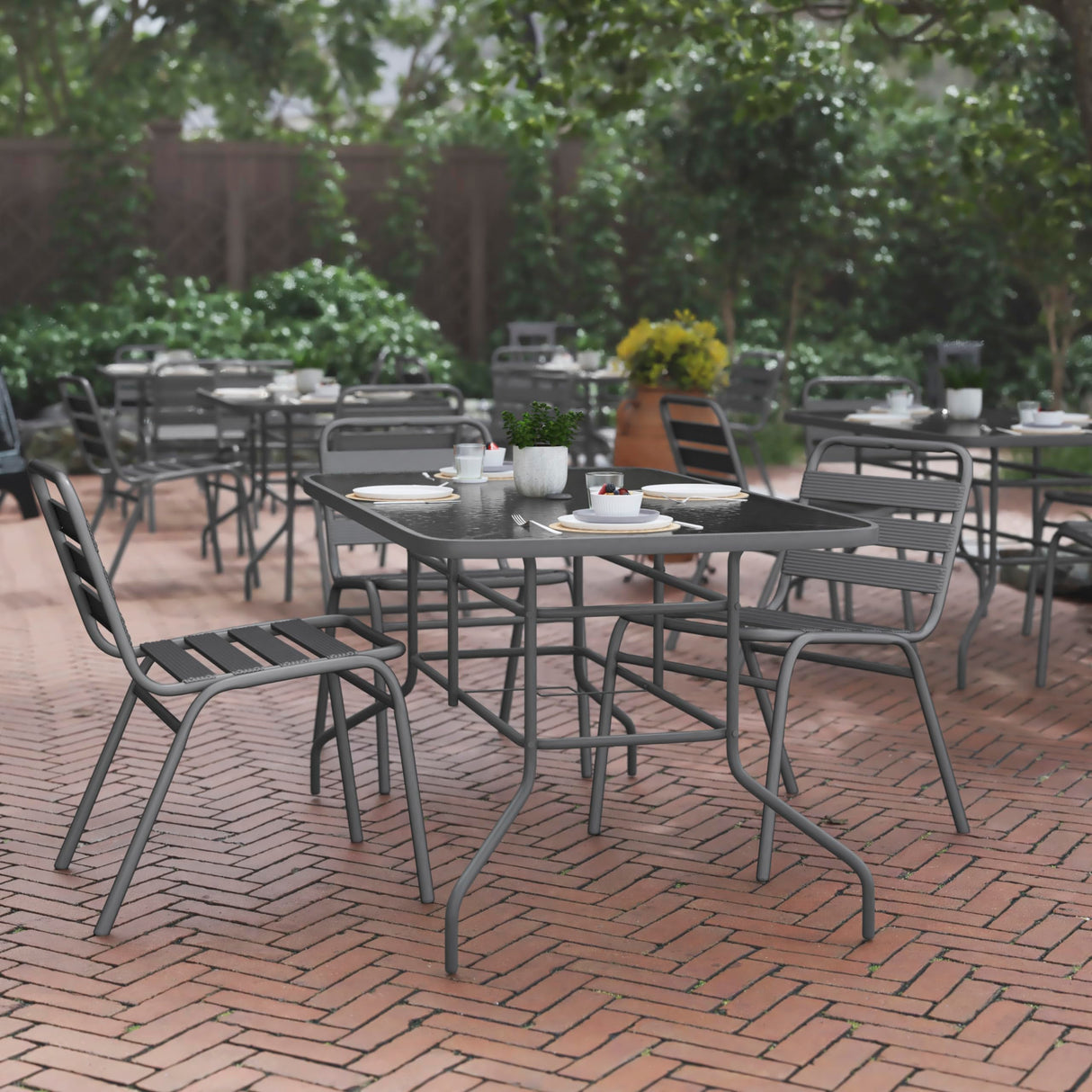 Flash Furniture Tory 31.5" x 55" Rectangular Tempered Glass Metal Table with Umbrella Hole, Silver Flash Furniture