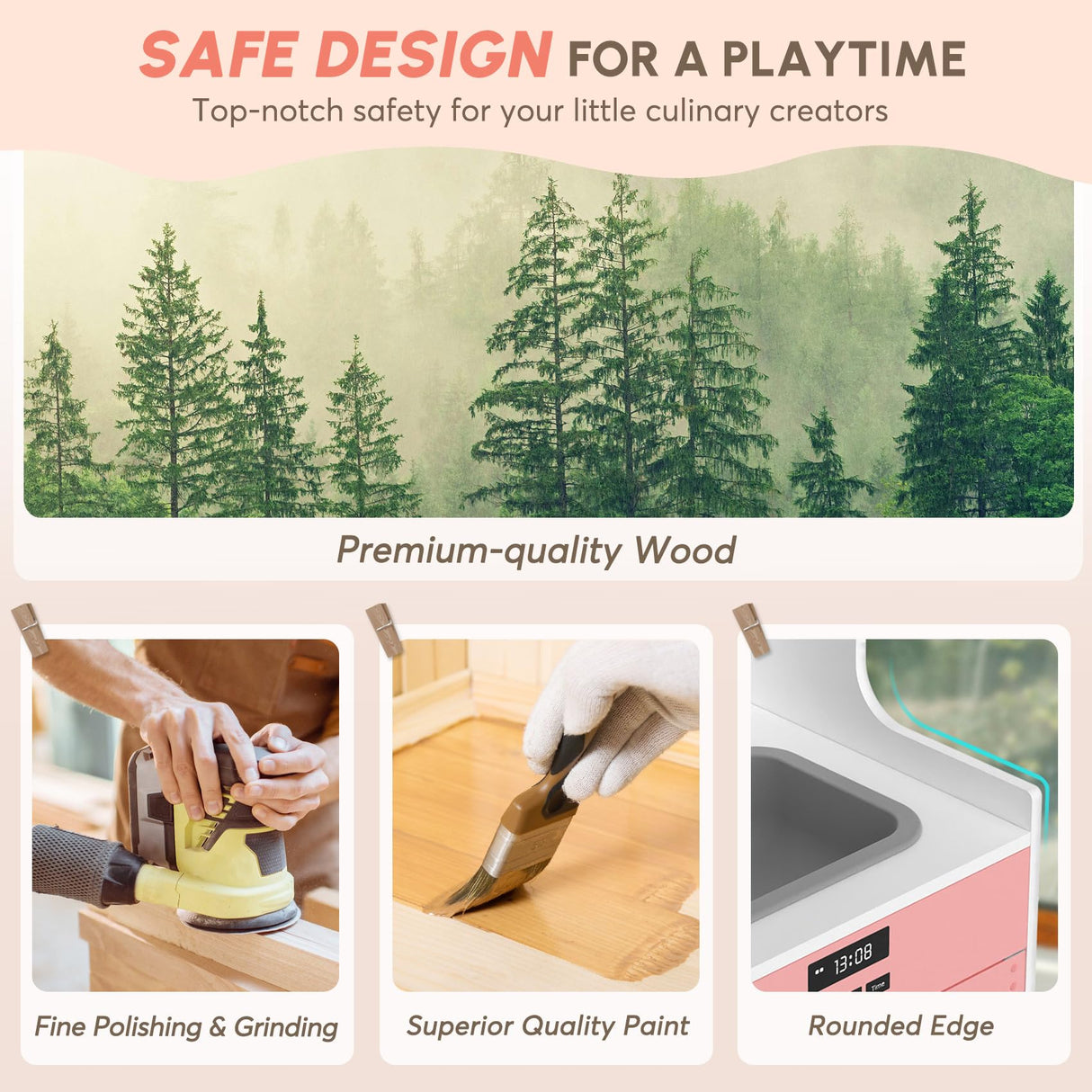 BIERUM Play Kitchen with Realistic Lights & Sounds, Wooden Kitchen Playset with 28 Pcs Toy Food & Cookware Accessories, Toy Kitchen with Plenty of Play Features, Idea Gift for Boys and Girls Ages 3+ BIERUM