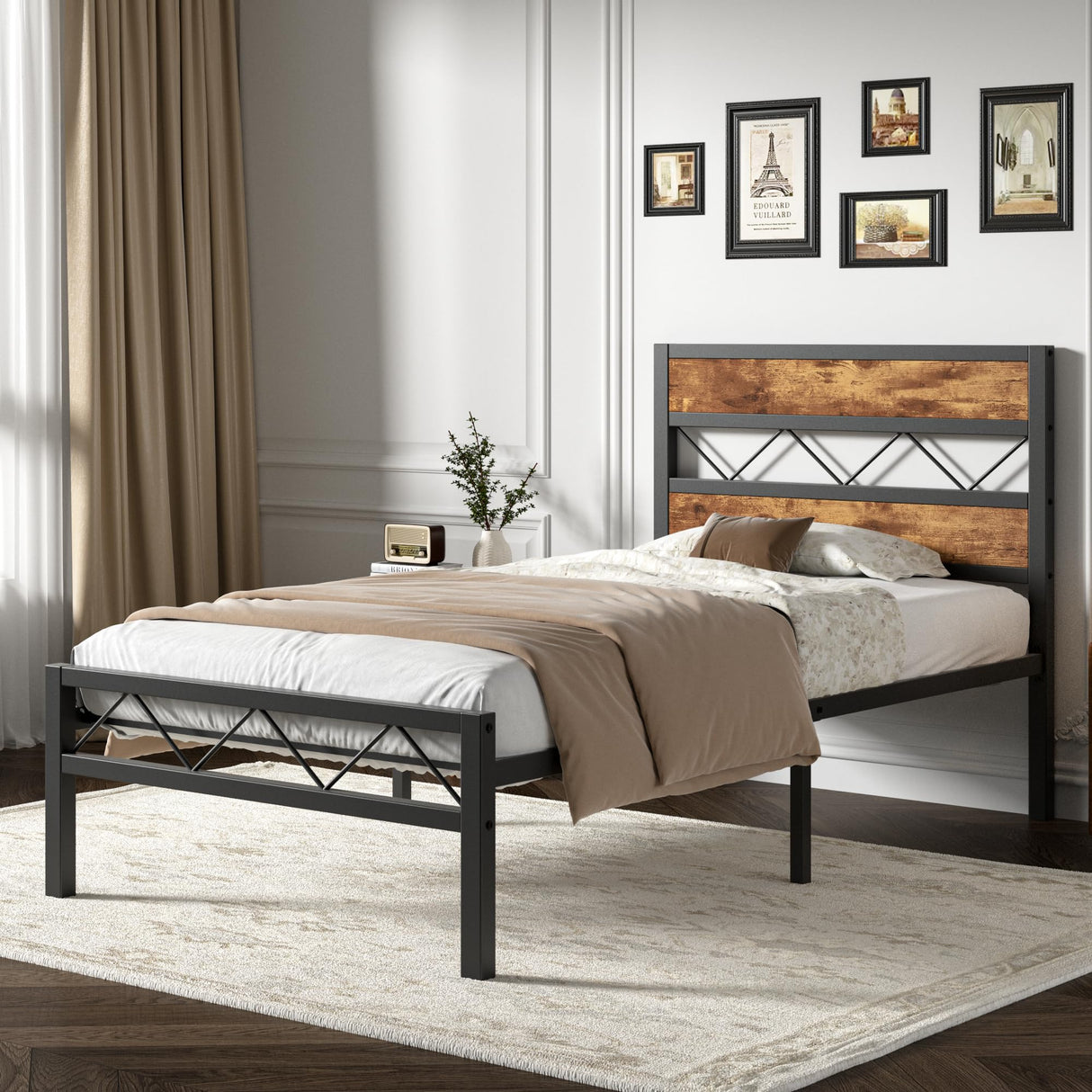 VECELO Twin Size Bed Frame with Headboard, Heavy-Duty Platform Bedframe with Metal Slats Support, No Box Spring Needed, Easy Assembly, Black & Brown VECELO