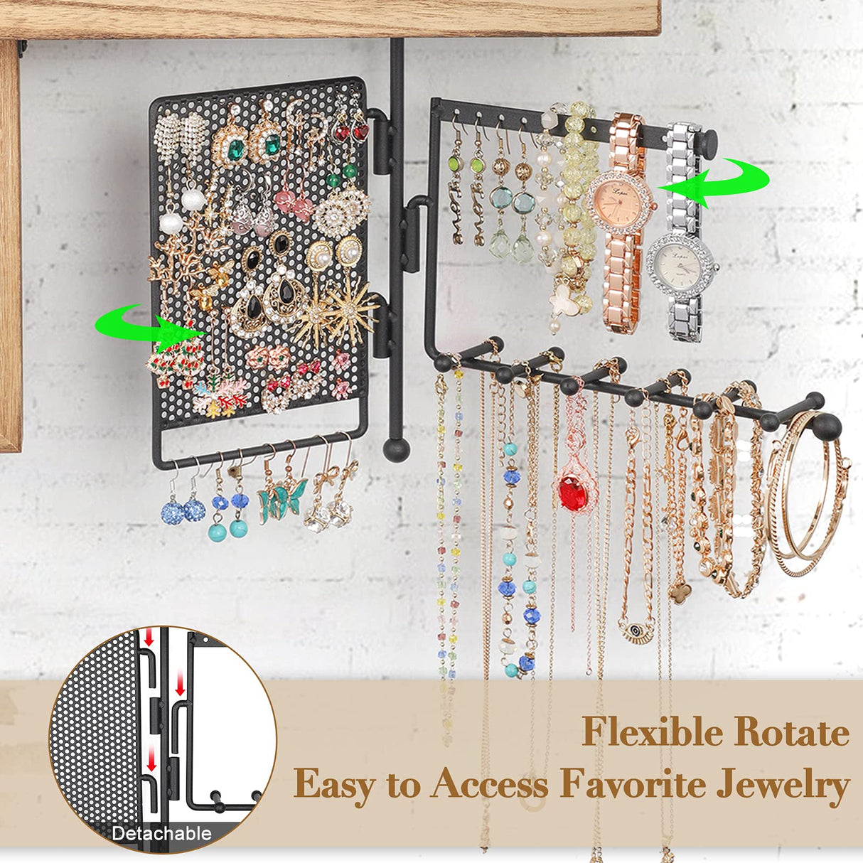SOLIMINTR Hanging Jewelry Organizer Wall Mount with Rustic Wood Shelf, Ring Display Box, Ear Studs Earring Holder, Rotating Necklace Holder Organizer SOLIMINTR