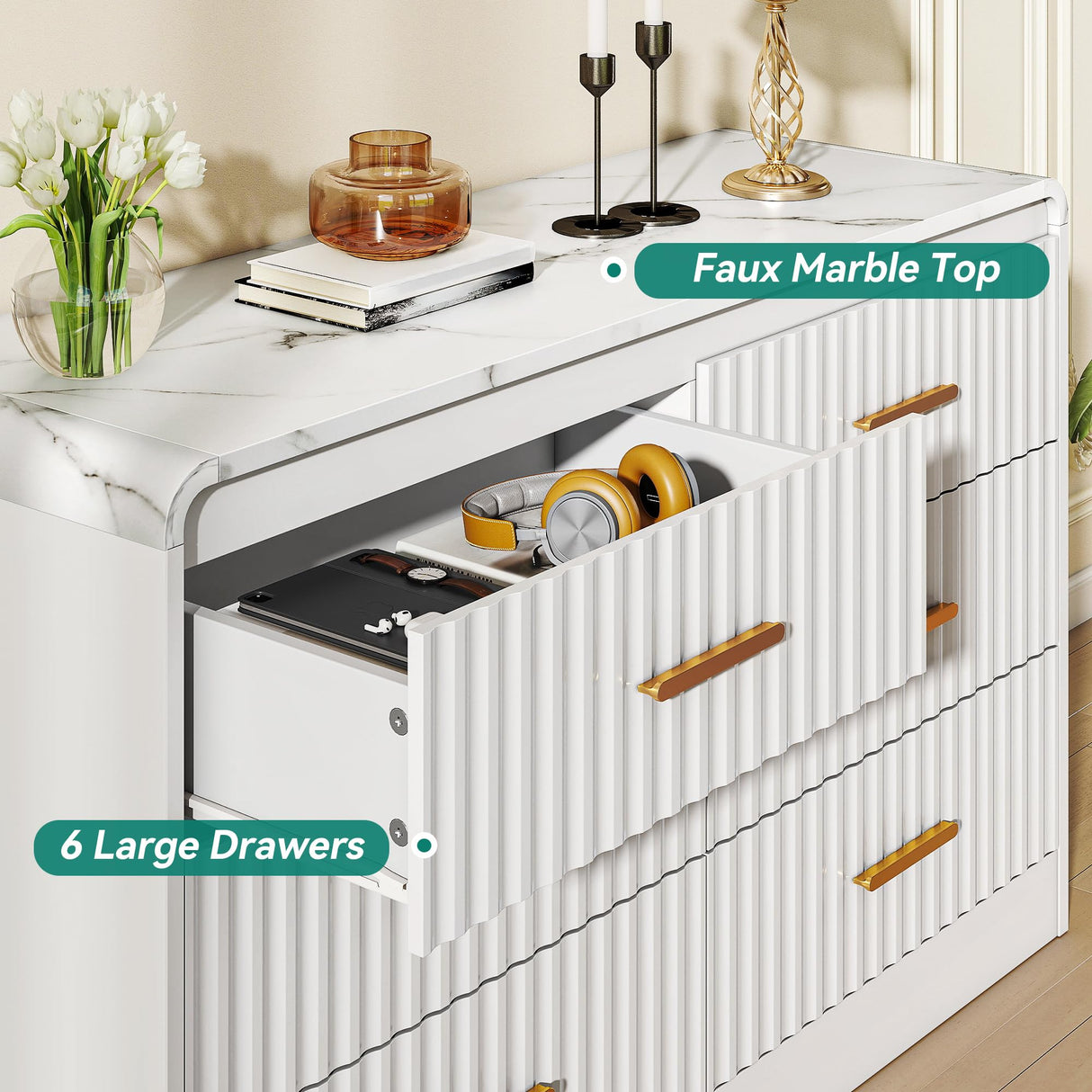 YITAHOME 6-Drawer Dresser with Built-in Power Outlet, Wood TV Stand with 6 Large Drawers and Bar Handles, White Dresser Chest of Drawers for Living Room, Hallway, Entryway YITAHOME