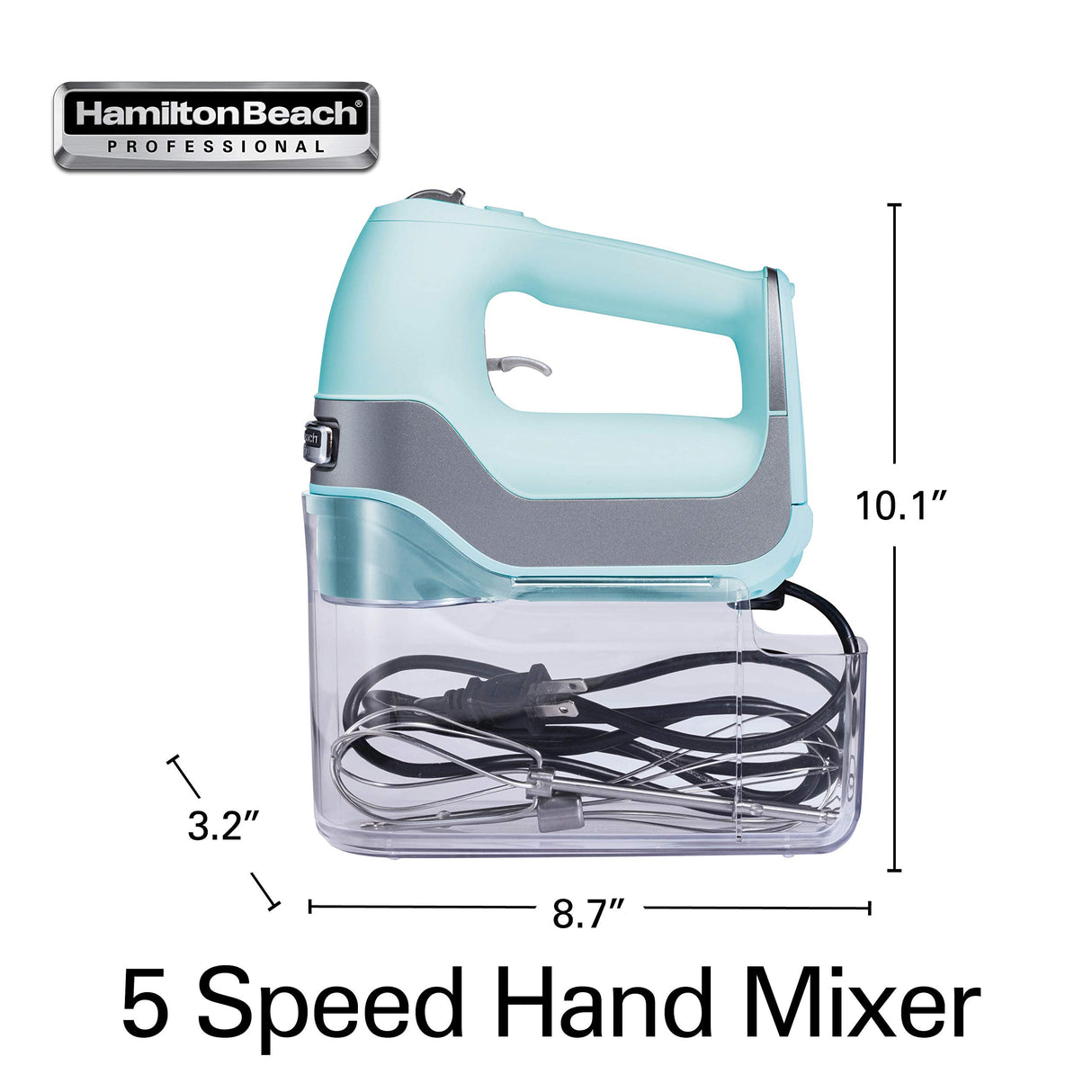 Hamilton Beach Professional 5-Speed Electric Hand Mixer with Snap-On Storage Case, QuickBurst, Stainless Steel Twisted Wire Beaters and Whisk, Mint (62658) Hamilton Beach Professional