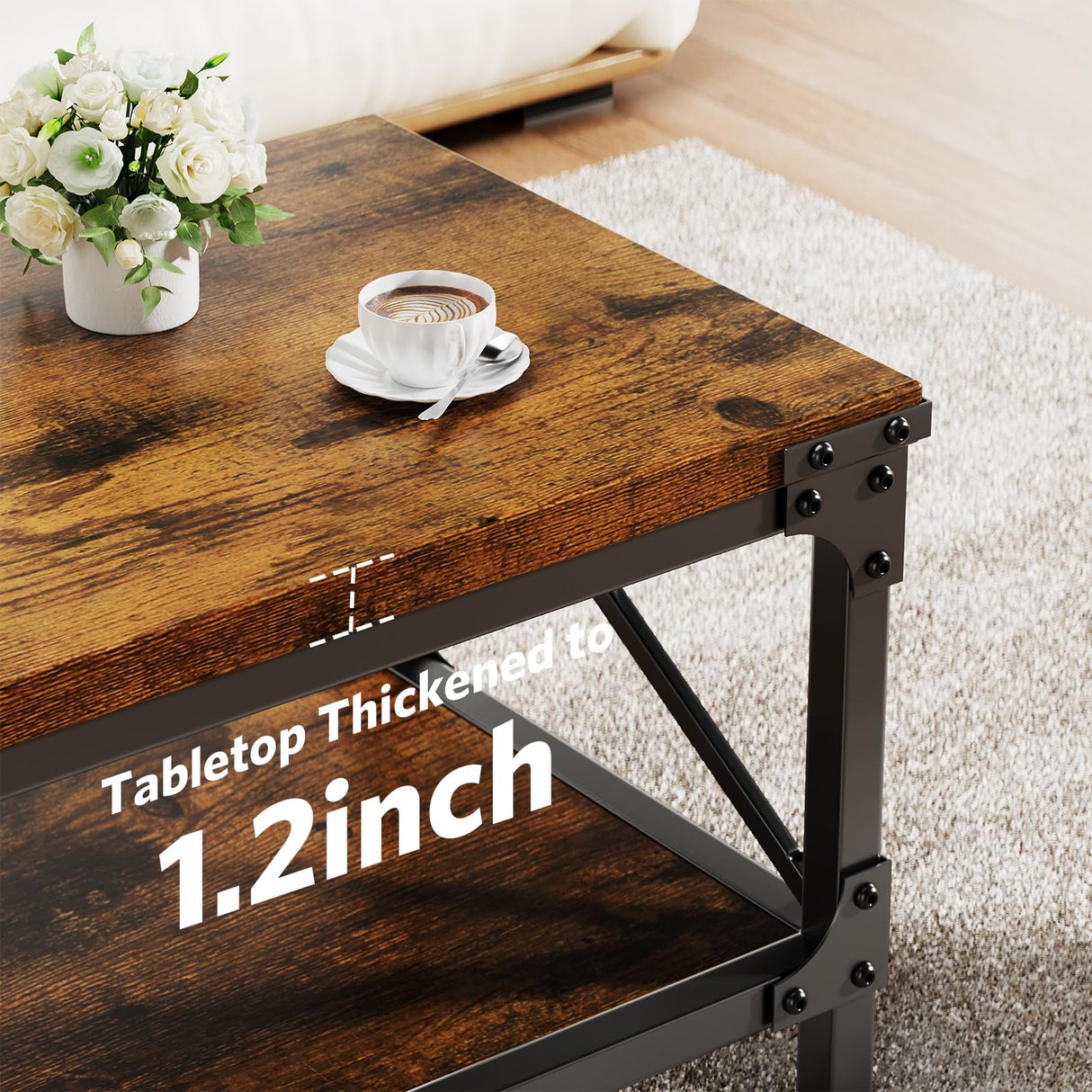 Rectangle Coffee Tables for Living Room, Wood Rectangular Coffee Table, 2 Tier Industrial Modern Center Table with Thickened Tabletop and Metal Frame, 40 inch Long (Rustic Brown) AntsandAnts