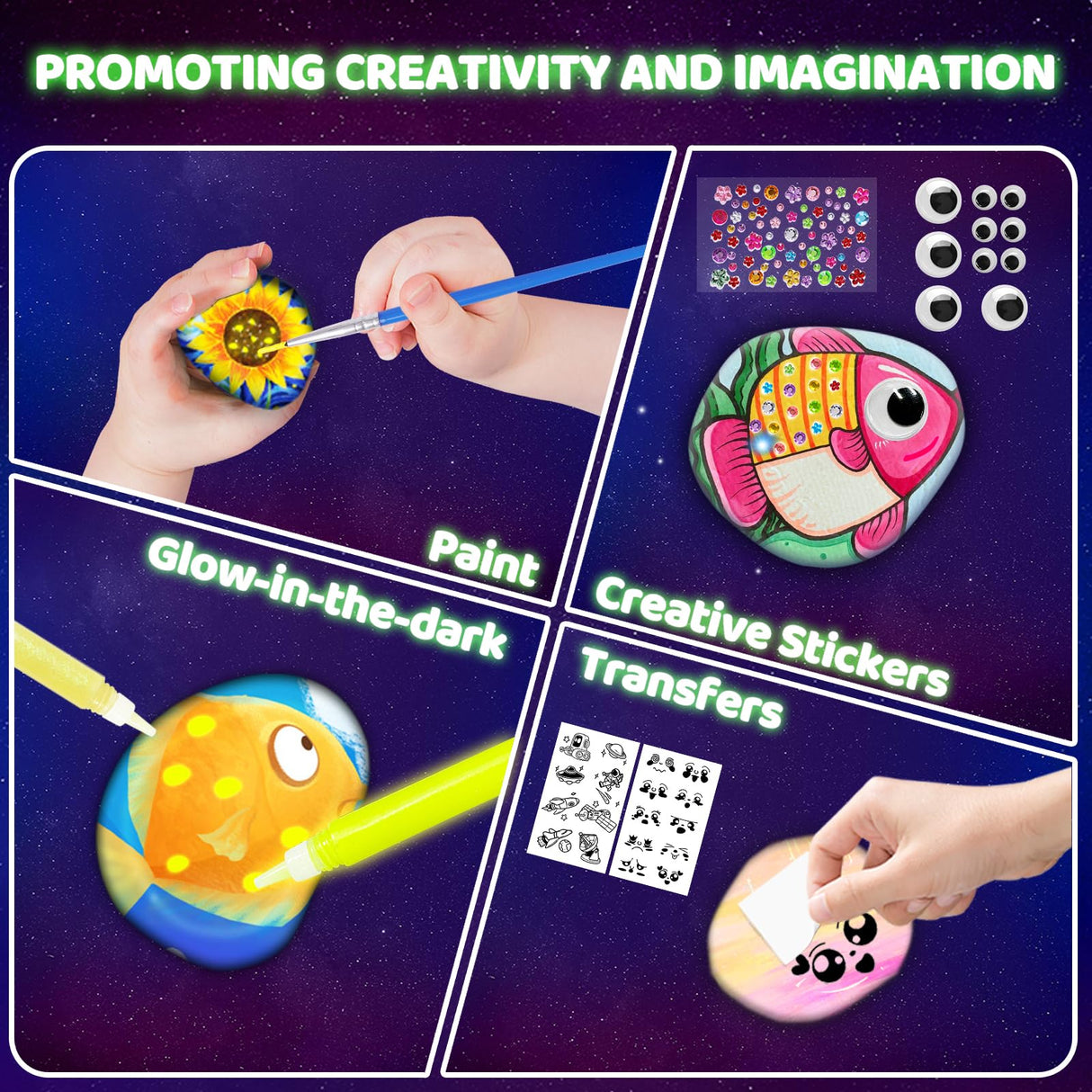 MindPal Kids Rock Painting Kit, 14 Pebbles for Painting - Glow in The Dark Rock Kit - Arts and Crafts for Kids Ages 6-12, Birthday Christmas Gift for Boys and Girls MindPal