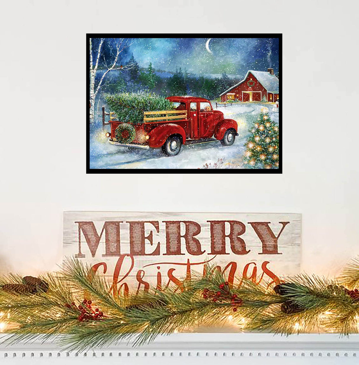 RUIHA Christmas Diamond Painting Kits,Winter Diamond Art Kit for Adults,Red Truck 5D Paint with Diamond Full Drill for Parents-Children Interrction,Wall Decor(12x16) (Snowy Night) RUIHA
