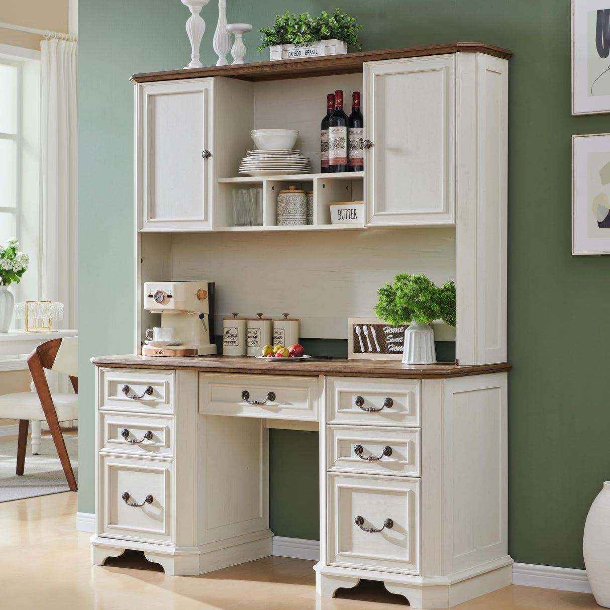 T4TREAM 59" Farmhouse Executive Desk with Hutch,Wood Home Office Computer Desk, Featuring Keyboard Tray,Charging Station,File Drawer, Storage Cabinet,for Work and Study (Antique White) T4TREAM