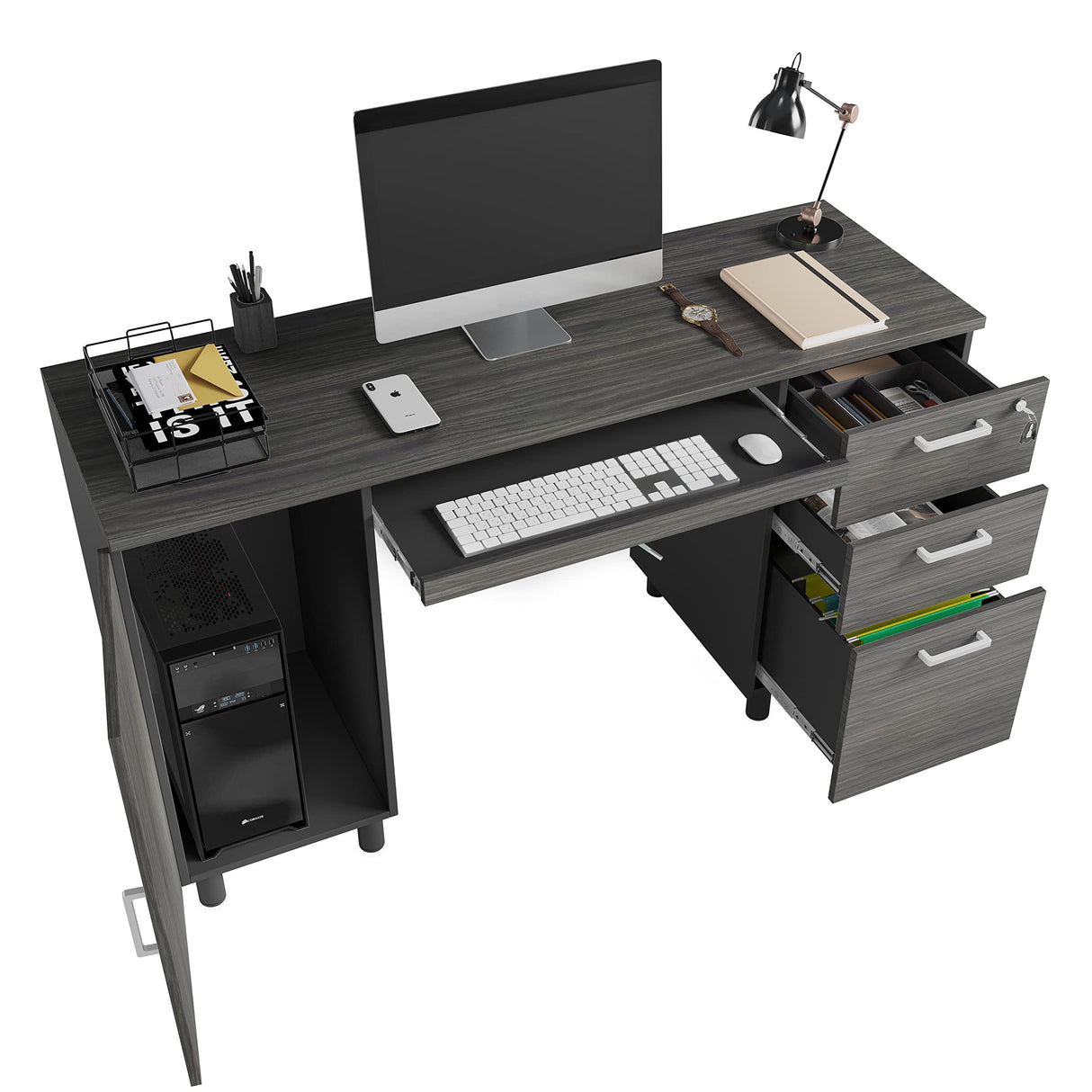 Modern Design Venice Office Computer Desk with 3 Locking Drawers and Storage Cabinet, 53 Inch Home and Office Executive Grey and Black Desk with Keyboard Tray by Crafts and Comfort Modern Design By Crafts & comfort