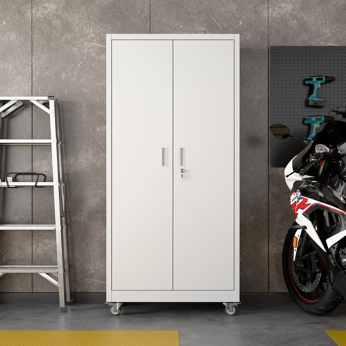 Aobabo Upgrade 71H''*32''W*16''D Metal Garage Storage Cabinet with Wheels and Pegboards, 5 Adjustable Shelves Steel Storage Cabinets for Home,Warehouse,Garage,Assembly Required,White Aobabo