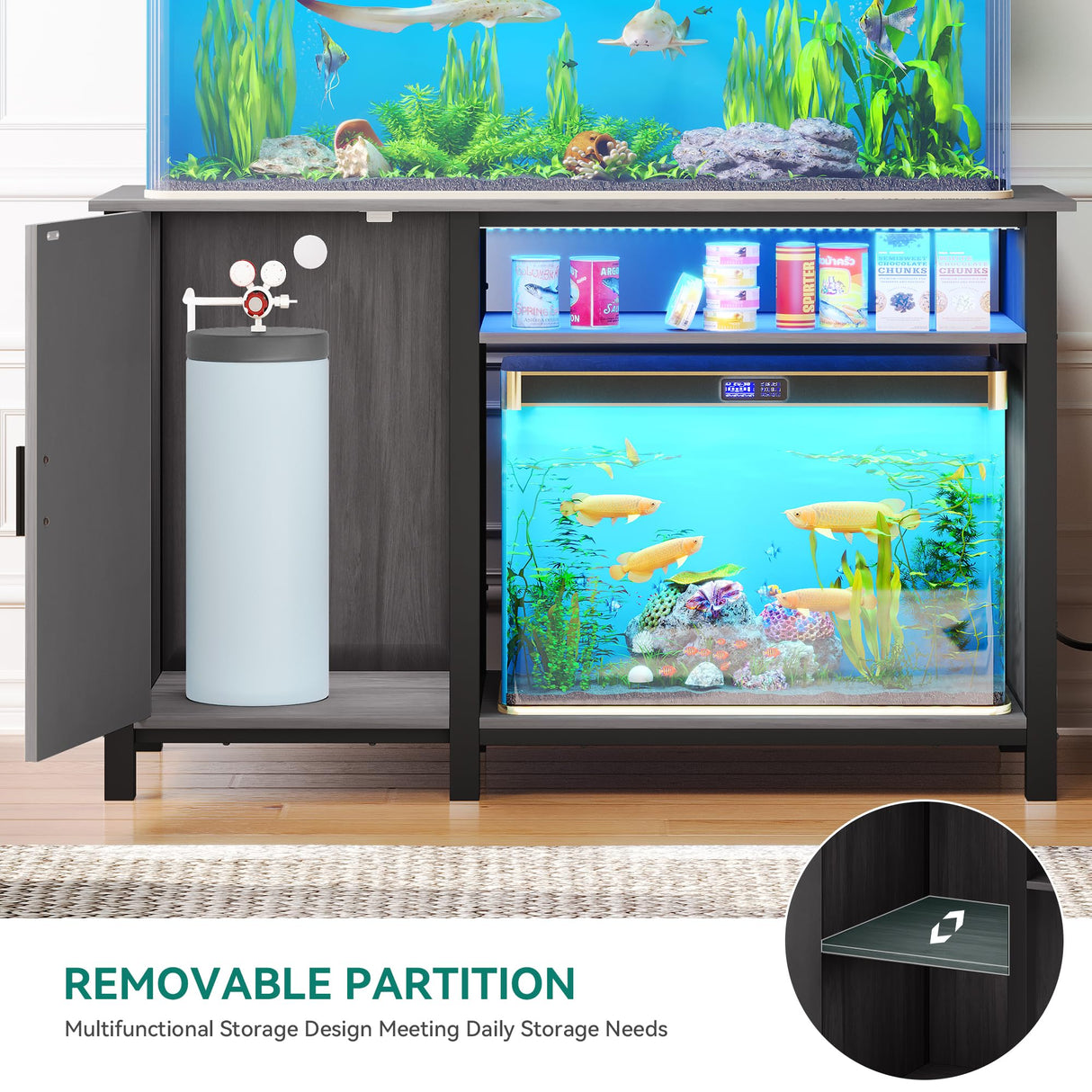 YITAHOME Aquarium Stand with Power Outlets, 55-75 Gallon Fish Tank Stand, Cabinet with RGB Light Strip Suitable for Turtle Tank, Reptile Terrarium, 900LBS Capacity, Grey YITAHOME