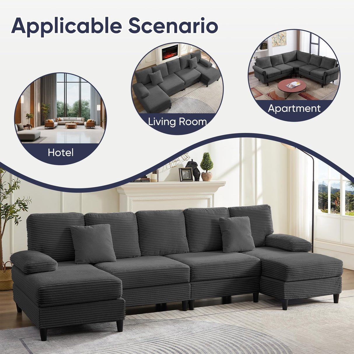 ijuicy U Shaped Sofa Couch with Double Chaises, 112" Sectional Sofa with Sleepable Armrest, 4 Seat Couch with Chaises, Sectional Couches for Living Room, Apartment (Corduroy, Dark Grey) ijuicy