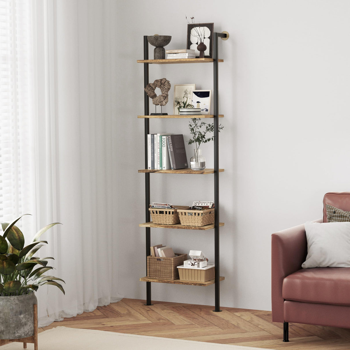 5-Tier Bookshelf Solid Wood Ladder Shelf, Narrow Book shelf Display Shelf, Wooden Ladder Shelf Bookcase, Wall Mount Ladder Shelf, Storage Rack for Living Room, Bedroom, Industrial Style, Rustic Brown Acovy