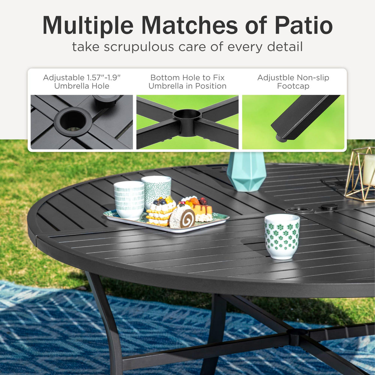 PHI VILLA 7 Pieces Patio Dining Set, Outdoor Round Table and Chairs for 6, 52" Round Dining Table with Umbrella Hole & 6 Heavy Metal Wicker Chairs with Thick Cushions PHI VILLA