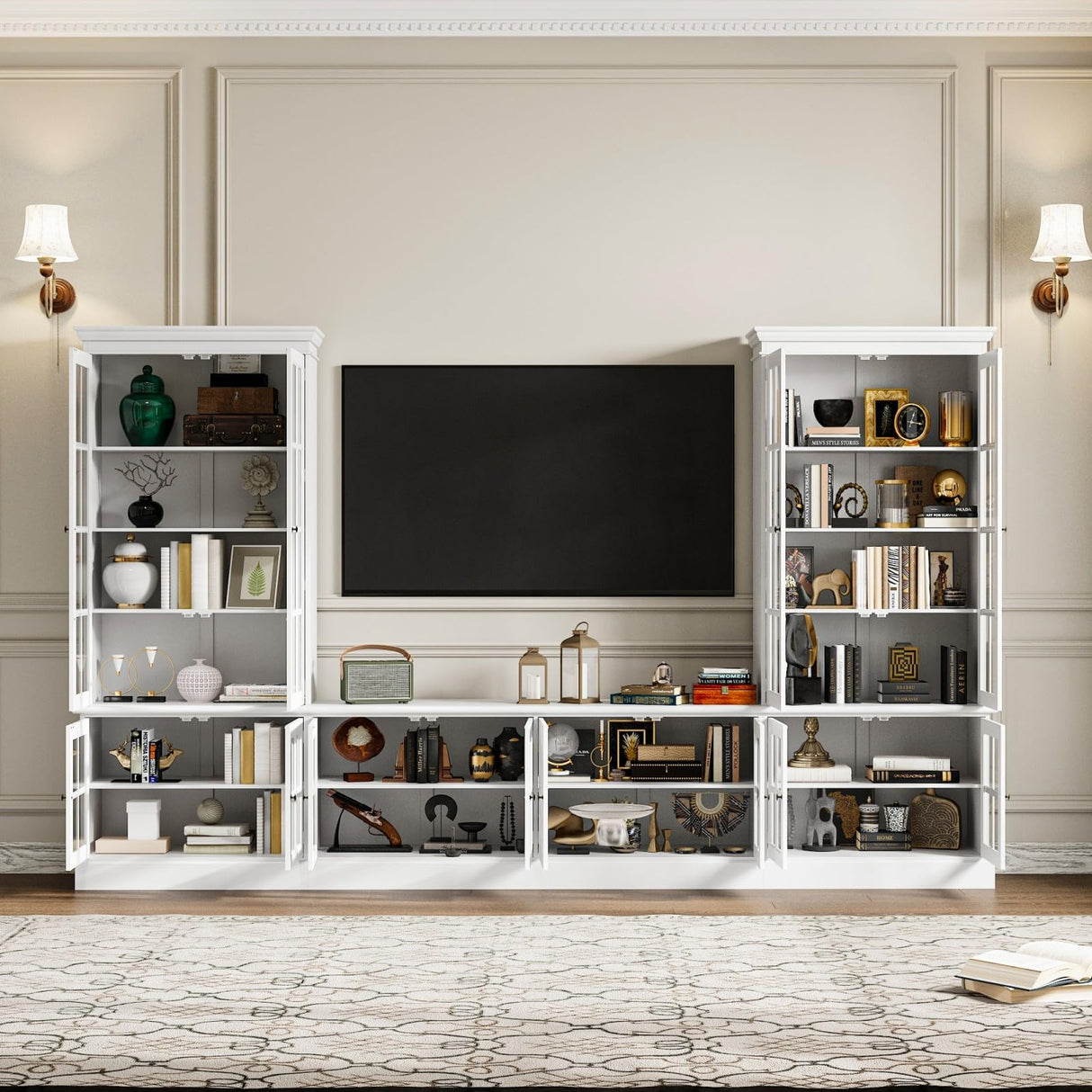 JOIKUJIA 125” Wall Units TV Stand with Glass Doors, Large Entertainment Center with Bookshelves, Modern Media Center with Storage, White, 125.2”W x 15.7”D x 76”H JOIKUJIA