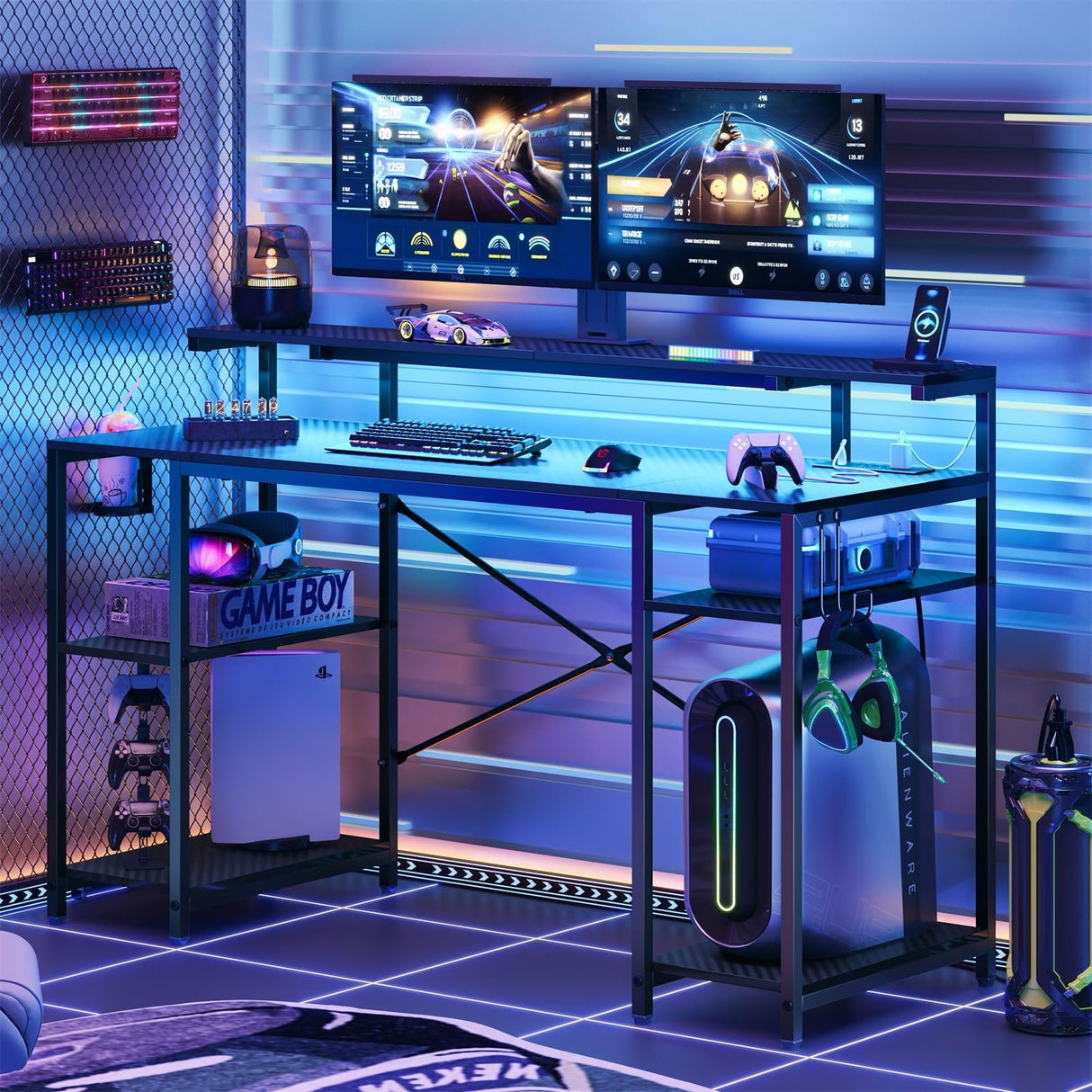 Bestier 55 inch Gaming Desk with Power Outlets & LED Lights, Computer Desk with Monitor Stand & Adjustable Shelves, Home Office Desk with Cup Holder & Hook, Black 3D Carbon Fiber Bestier