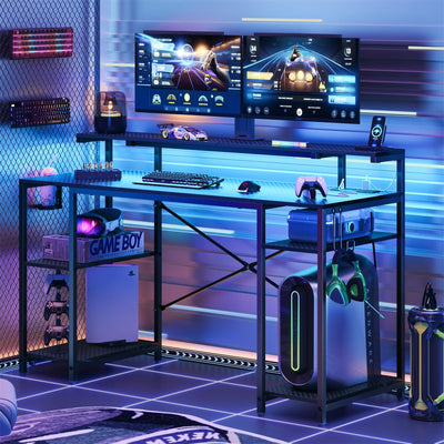 Bestier 55 inch Gaming Desk with Power Outlets & LED Lights, Computer Desk with Monitor Stand & Adjustable Shelves, Home Office Desk with Cup Holder & Hook, Black 3D Carbon Fiber