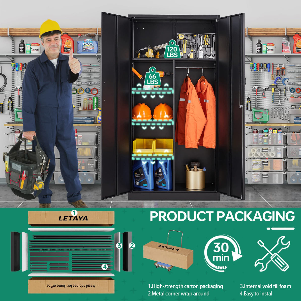 Letaya Metal Storage Cabinets Locker with Lock Door, 72'' Clothing Coat Steel Storage Freestanding Wardrobe for Office, Home, School, Employee,Gym,Fire Department (Black) Letaya