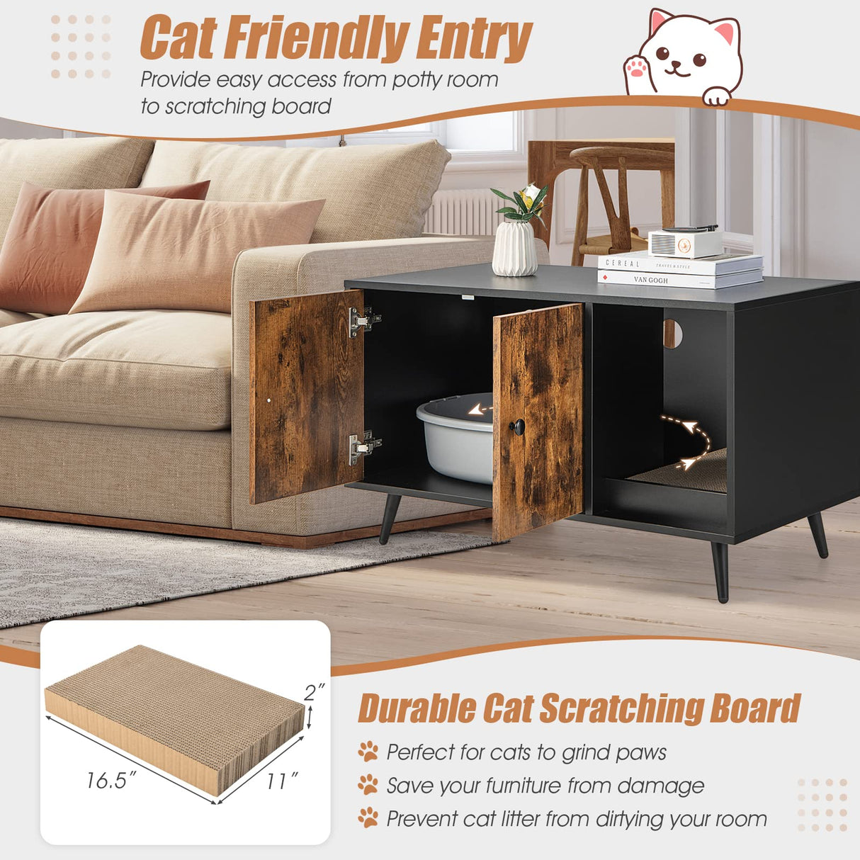 PETSITE Litter Box Enclosure, Wooden Hidden Litter Box Furniture with Cabinet & Scratching Pad, Stackable Cat Washroom Pet House End Table PETSITE