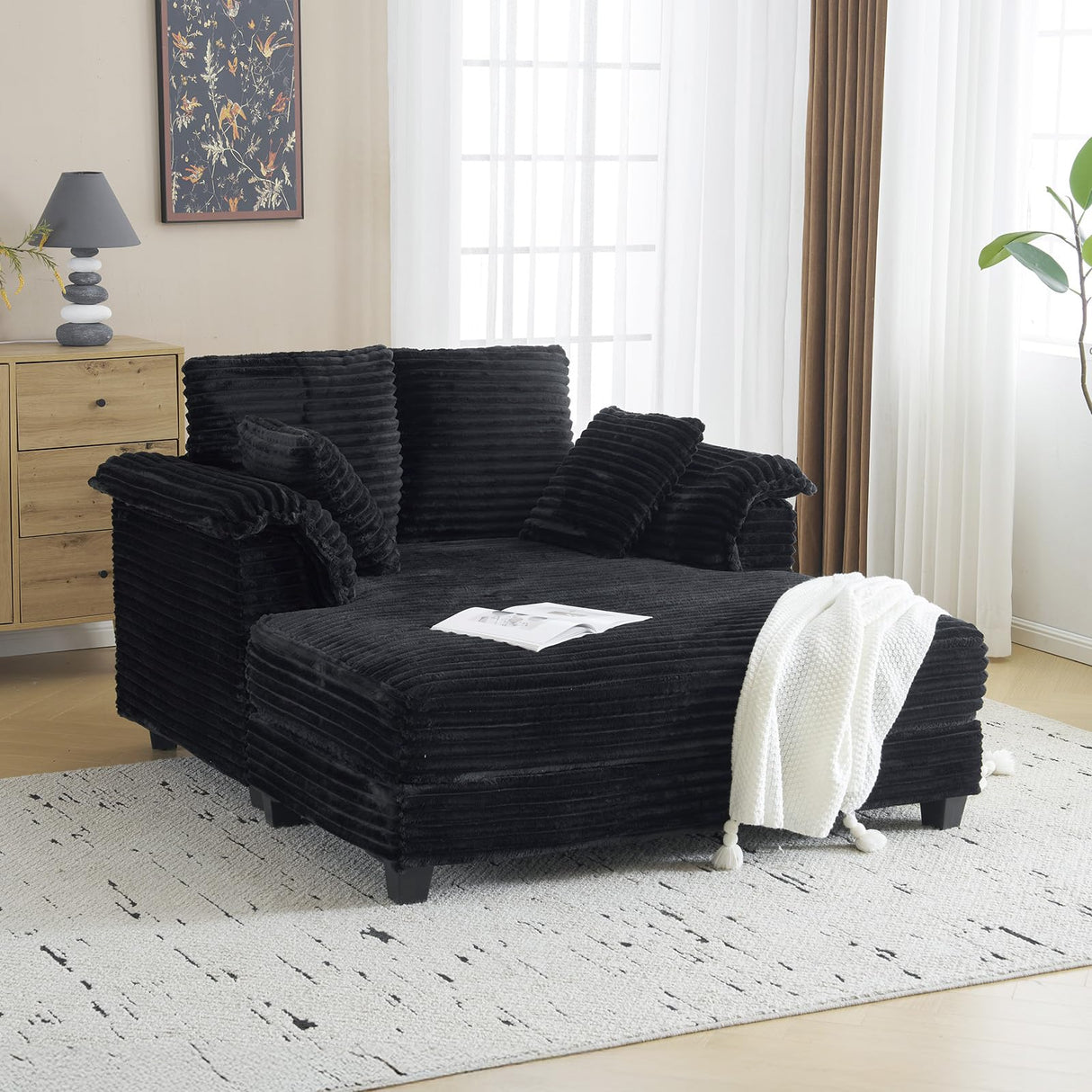 VINGLI Lounge Chair, 56" Oversized Reading Chair Corduroy Chaise Sofa Recliner Bed Upholstered Comfy Sleeper Couch with Throw Pillows and Armrests for Living Room, Movie Room, Bedroom VINGLI