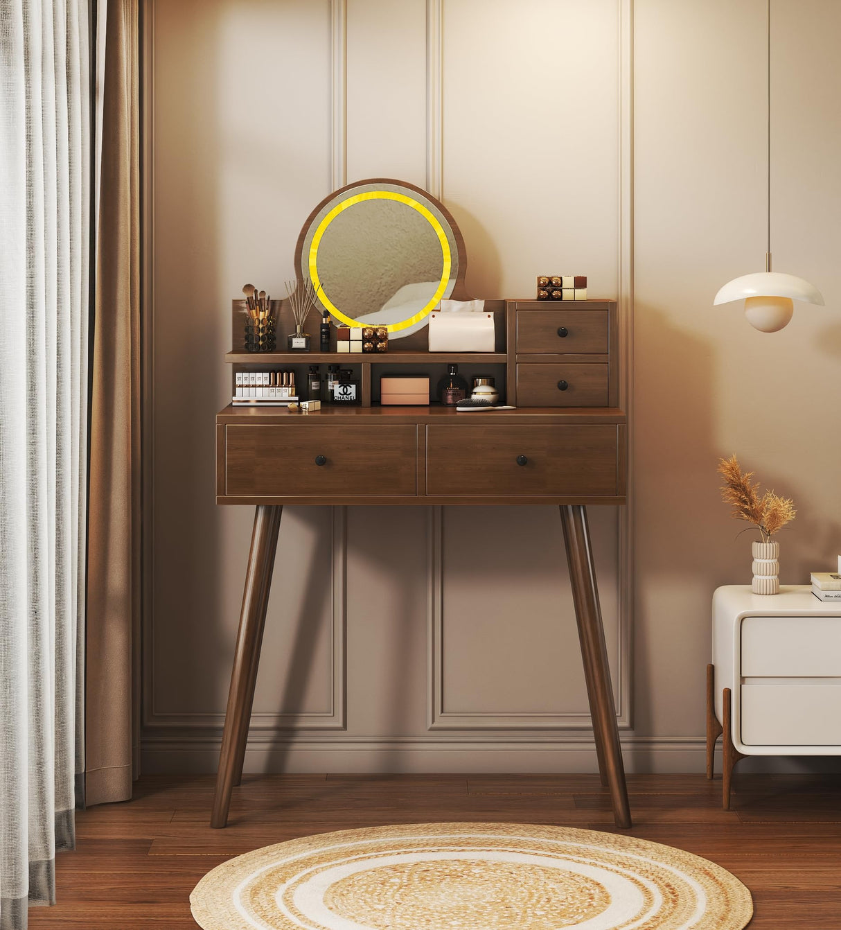 walkclpck Vanity Desk with Mirror and Lights, Makeup Vanity with 4 Drawers Small Vanity with 3 Storage Shelves, Wood Vanity for Bedroom Dressing Room Makeup Studio, Brown walkclpck