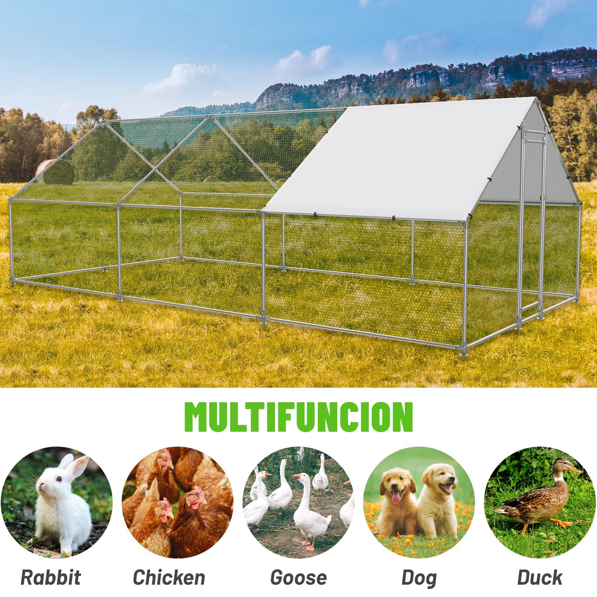 NUGRIART Large Metal Chicken Coop Walk-in Poultry Cage with Water-Resident and Anti-UV Cover Duck Rabbit Cat House Outdoor Chicken Run Pen with Spire Shaped Cage NUGRIART