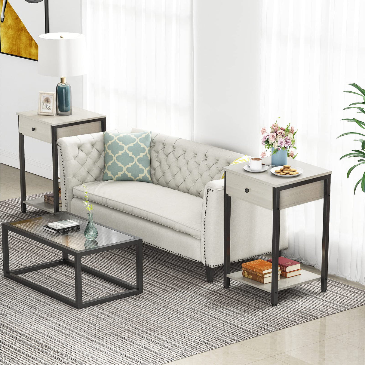 Ecoprsio Nightstand Set of 2 Modern End Table Side Table with Drawer and Storage Shelf Wood Night Stand Greige Bedside Table for Bedroom, Living Room, Sofa Couch, Hall, Easy Assembly, Greige Ecoprsio