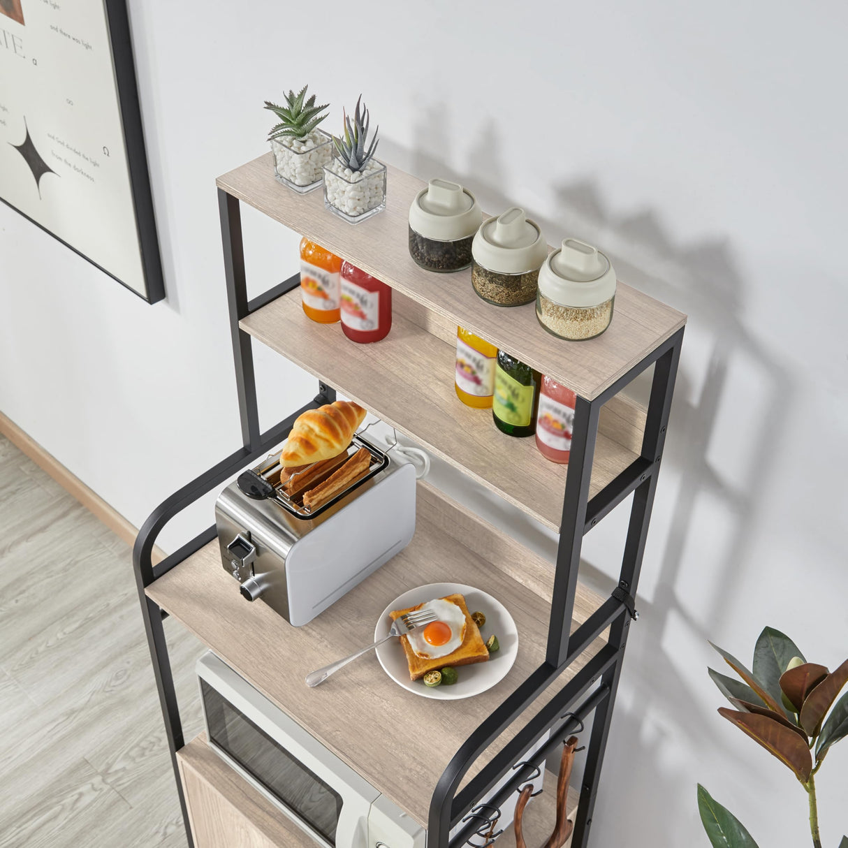 Yaheetech 4-Tier Kitchen Bakers Rack with Storage Cabinet and Hutch, Microwave Oven Stand Coffee Bar Pantry Cabinet with 8 S Hooks, Freestanding Kitchen Shelves Spice Rack, Gray Yaheetech