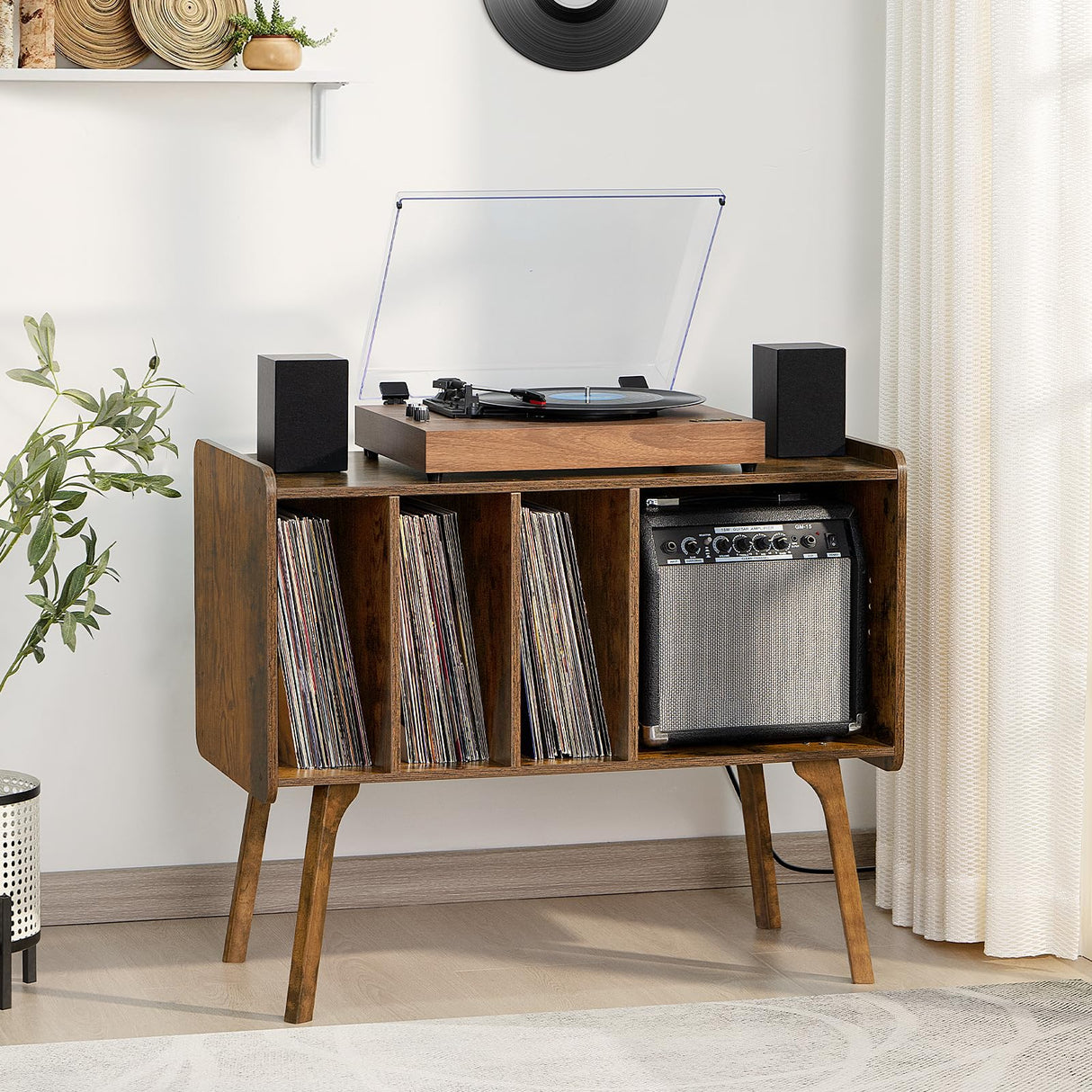 Lerliuo Record Player Stand with Charging Station Holds Up to 220 Albums, Brown Turntable Stand with 4 Cabinet, Large Mid-Century Record Player Table,Vinyl Holder Storage for Bedroom Living Room Lerliuo
