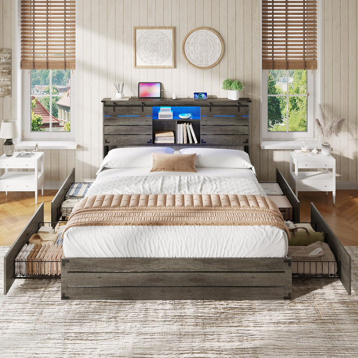 VIAGDO Wooden Bed Frame Queen Size with Bookcase Headboard and Sliding Barn Door, Farmhouse Queen Bed Frame with Charging Station, LED Lights and 4 Storage Drawers, No Box Spring Needed, Grey VIAGDO