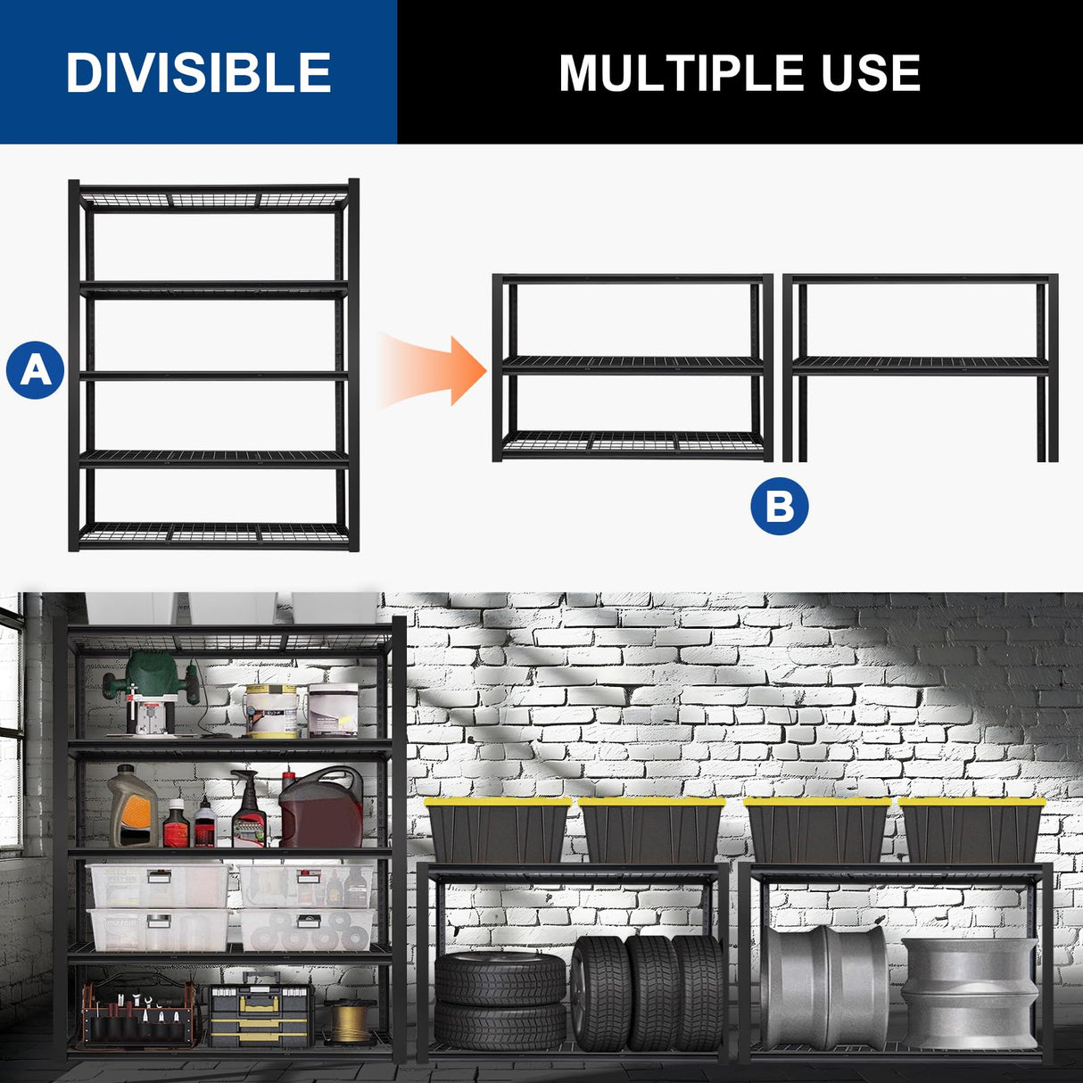 BILT HARD 48" W x 24" D Garage Shelving 3000 LBS, 72" H Storage Shelves, Heavy Duty 5-Tier Metal Shelving Units with Adjustable Shelf, Steel Wire Utility Shelving BILT HARD
