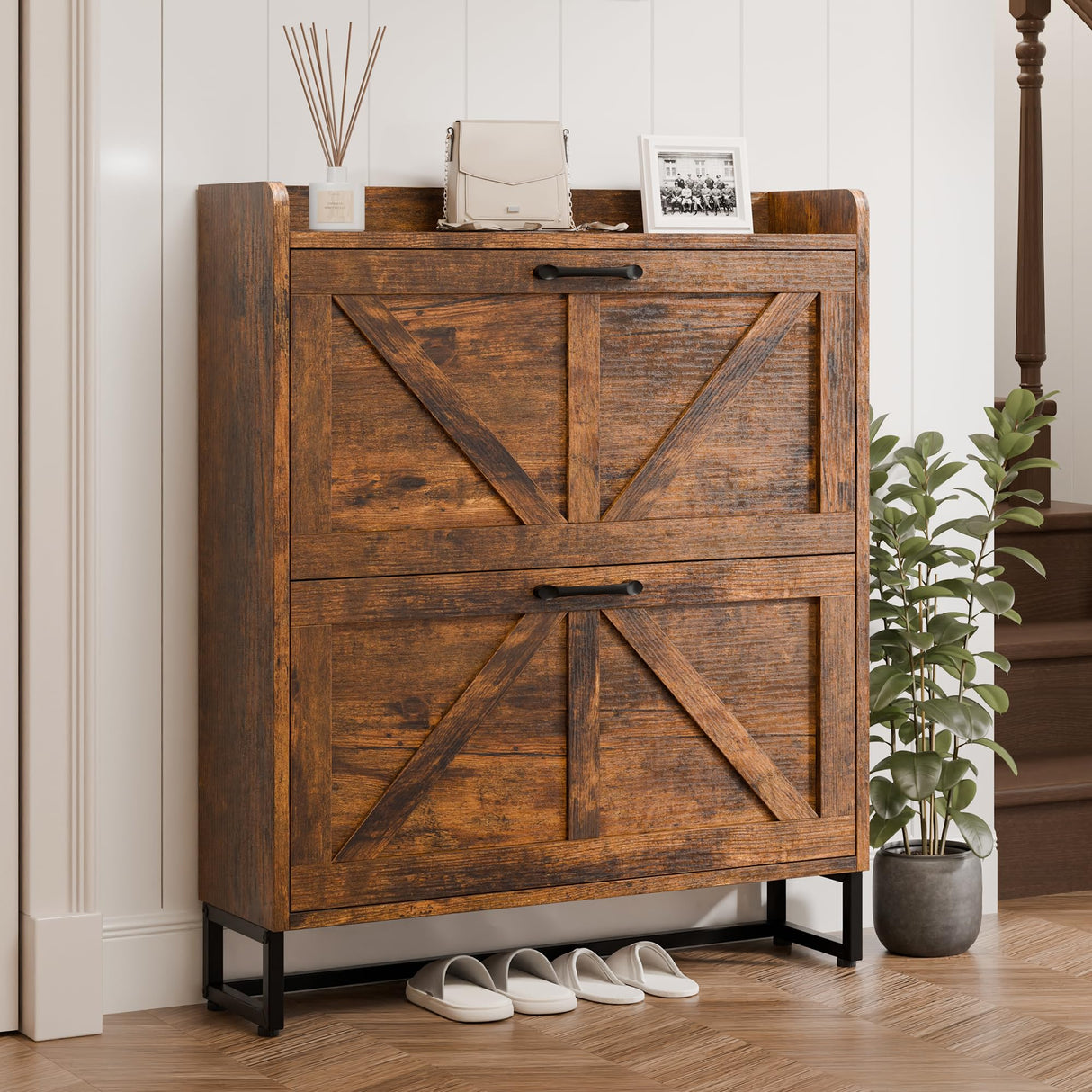 MU Shoe Storage Cabinet with 2 Flip Drawers, Freestanding Shoe Rack Cabinet with Metal Legs, Hidden Shoe Organizer Cabinet for Entryway, Living Room, Rustic Brown MU