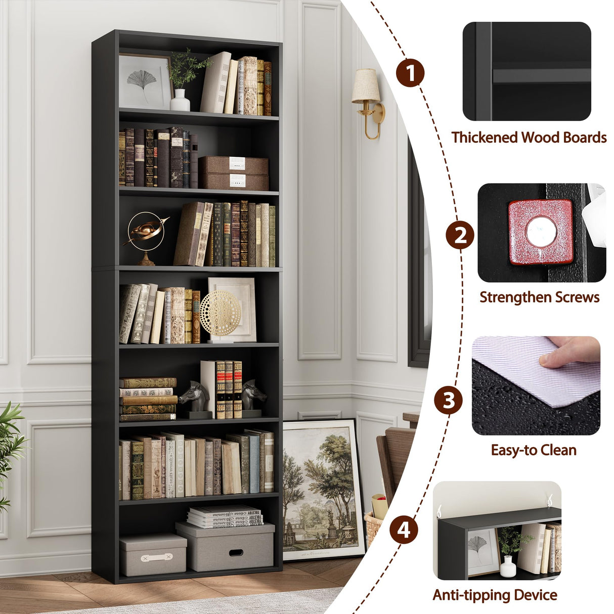 FACBOTALL 82" Tall Bookshelf, 7-Tier Open Shelves Bookcase, Freestanding Display Storage Shelves, Tall Bookcase Home Decor Furniture for Home Office, Living Room, Bedroom, Black FACBOTALL