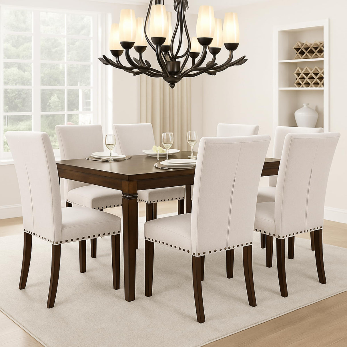 Set of 6 Beige Upholstered Dining Chairs, Farmhouse Kitchen Chairs with High Back, Solid Rubberwood Legs, Comfortable Padded Foam Seat, Bronze Nailhead Trim, Dining Room Chairs for Large Families COLAMY