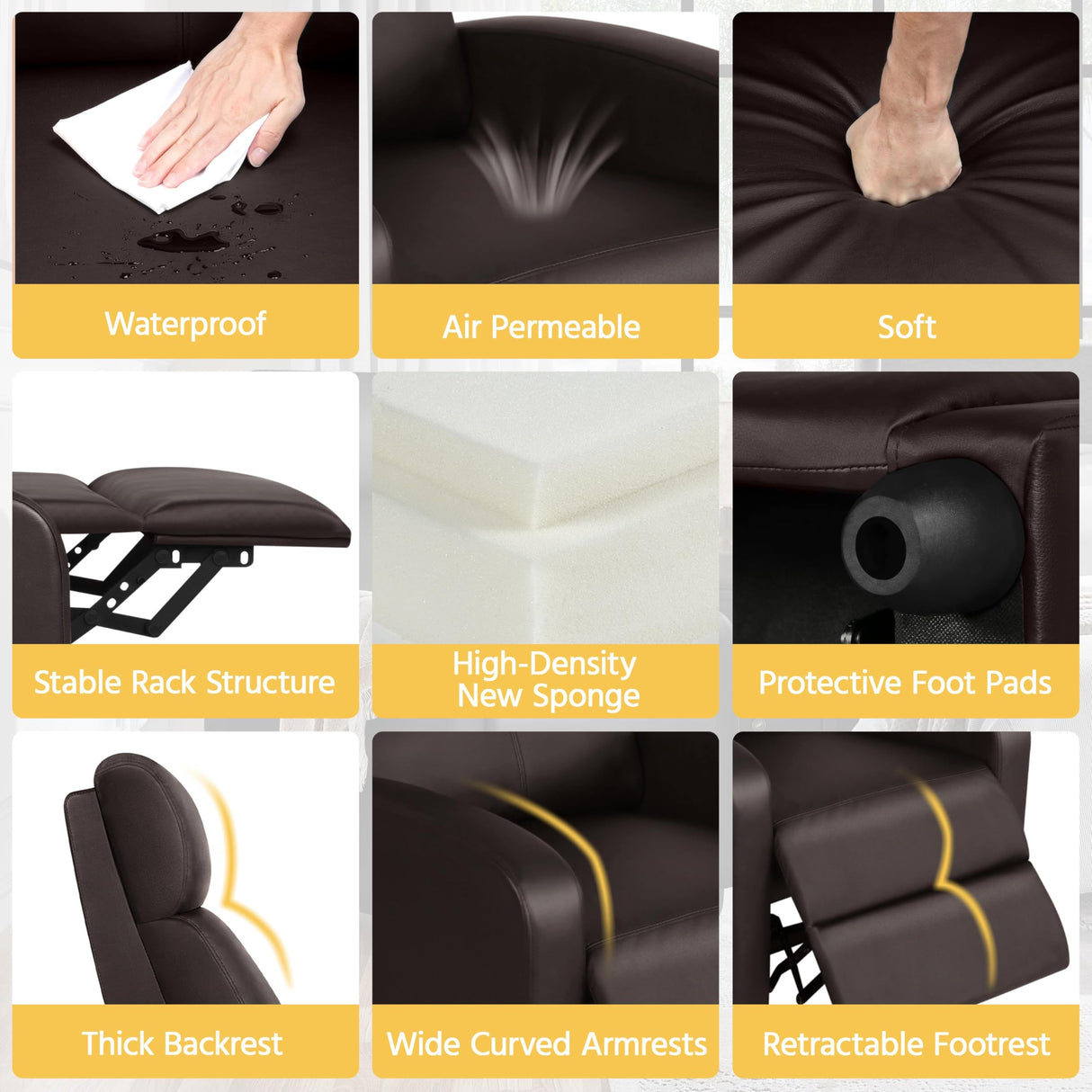 Yaheetech Recliner Chair Faux Leather Recliner Sofa Adjustable Modern Seat Club Chair Home Theater Seating Brown Yaheetech