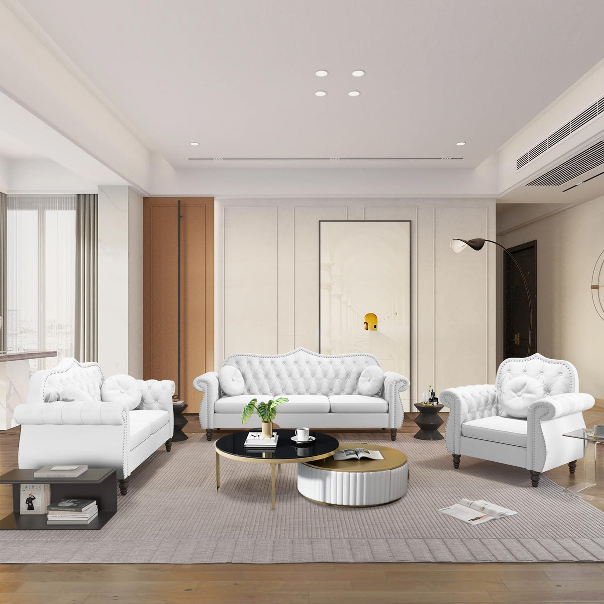 AVZEAR 3-Piece Living Room Sectional Sofa Set, Mid-Century Modern Chesterfield Upholstered Velvet Sofa Couch, Classic Tufted Button White Couch with Nailhead Trim for Living Room, Office (White) AVZEAR