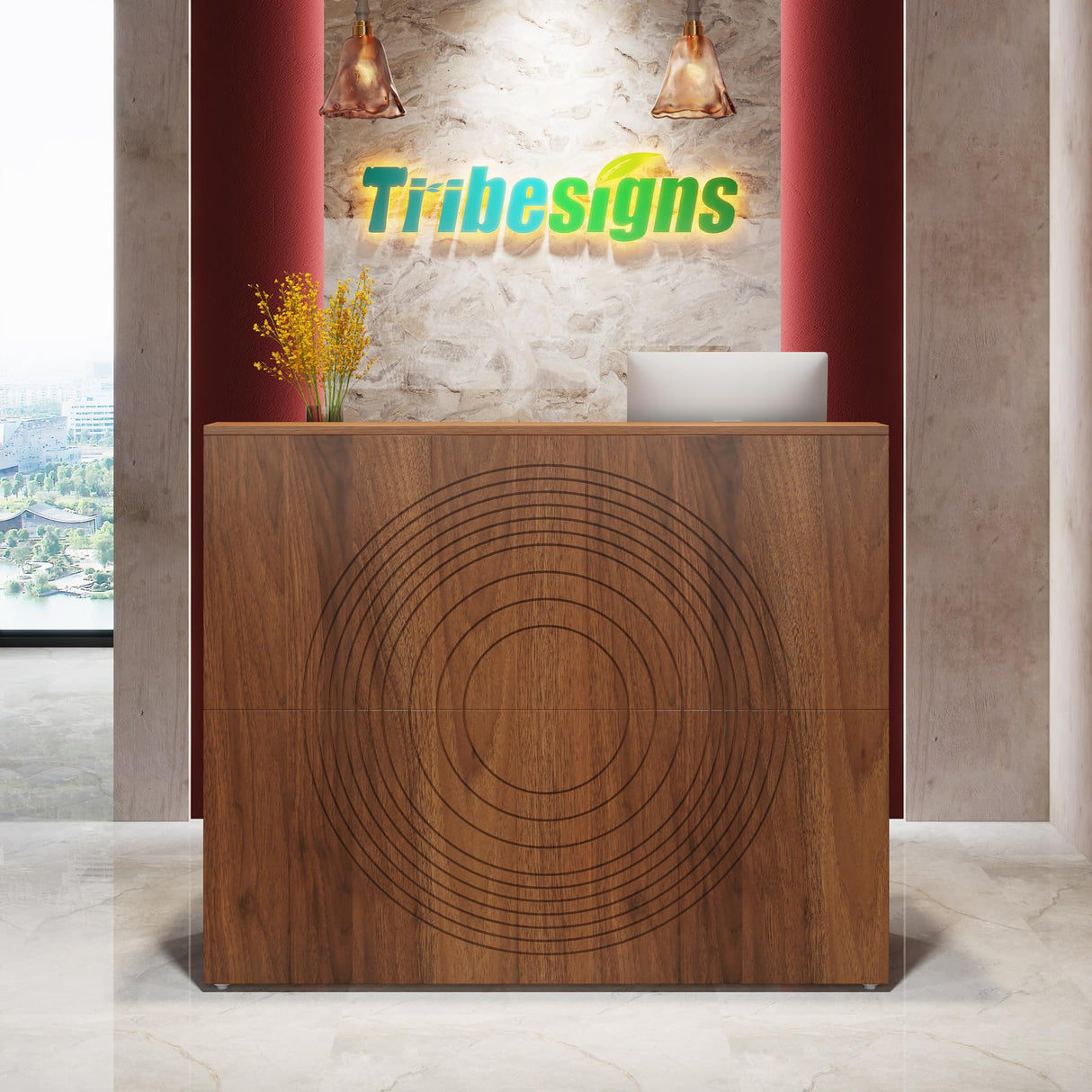 Tribesigns Reception Desk with Counter, Modern Front Desk Reception Room Table with Cable Grommet, 47 inch Retail Counter for Checkout, Lobby, Beauty Salon, Home Office Desk, Walnut Tribesigns