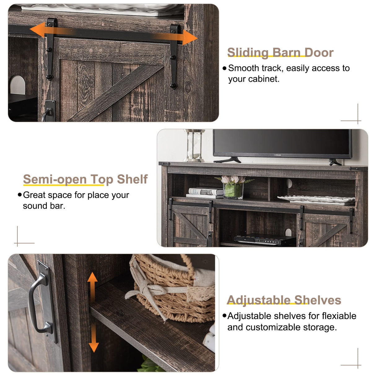 OKD Farmhouse TV Stand for 65+ Inch TV, 33" Tall Highboy Entertainment Center w/Sliding Barn Door, Rustic Media Console w/Storage Shelves, Wood Television Stand for Living Room, Dark Rustic Oak OKD