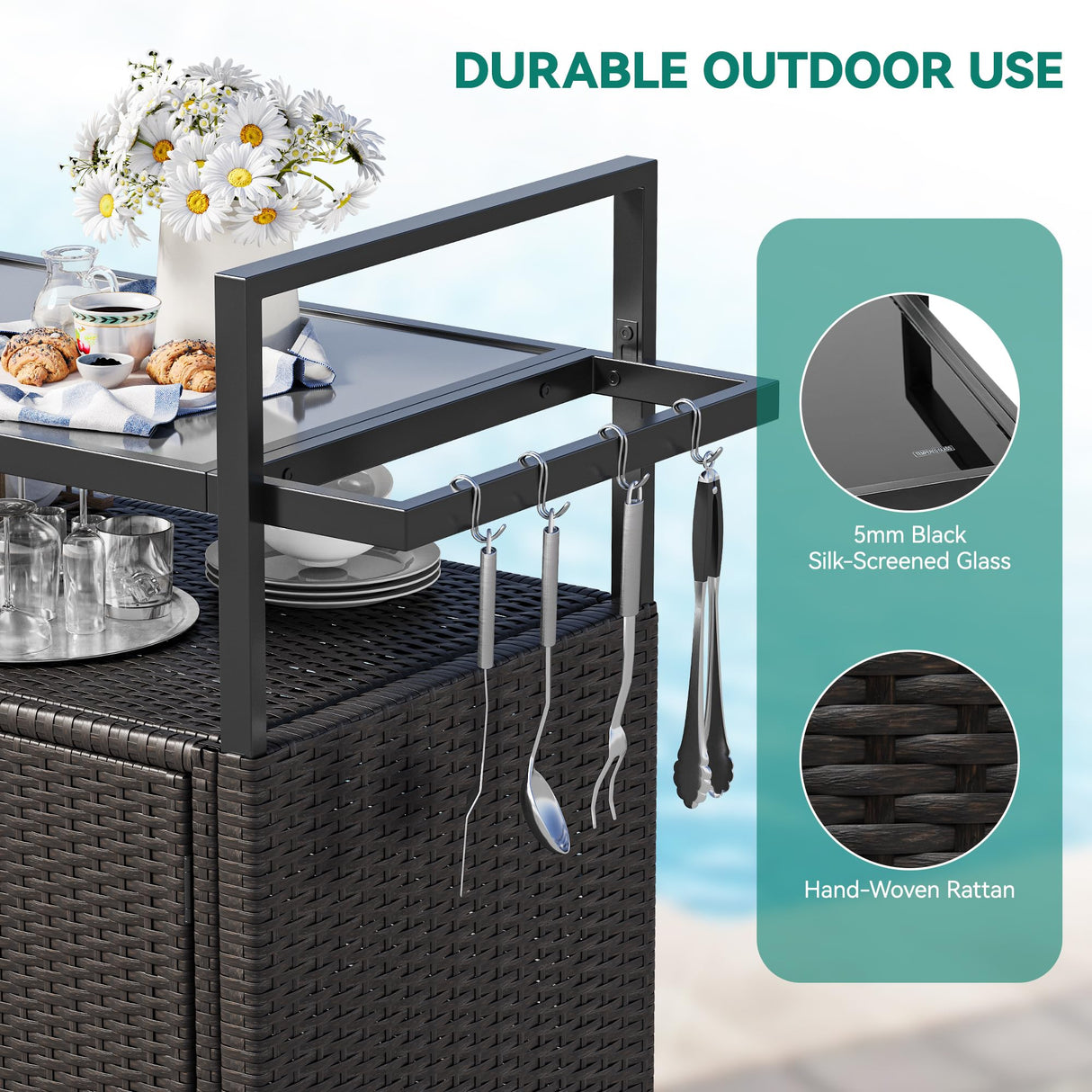 YITAHOME Large Outdoor Kitchen Wicker Island Rolling Cart & Patio Bar Table, w/Wheels and Black Glass Table Top Backyard and Poolside Dark Brown YITAHOME