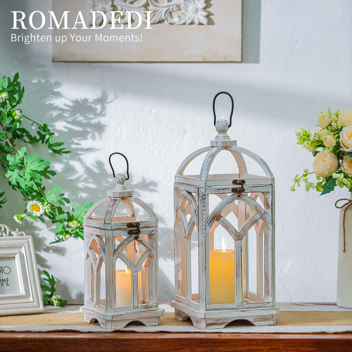 Romadedi Decorative Candle Lantern Wood - Rustic Wooden Lantern for Farmhouse Home Living Room Shelf Patio Table Decoration Christmas Holloween Wedding Party Table Centerpiece, Washedwhite Romadedi