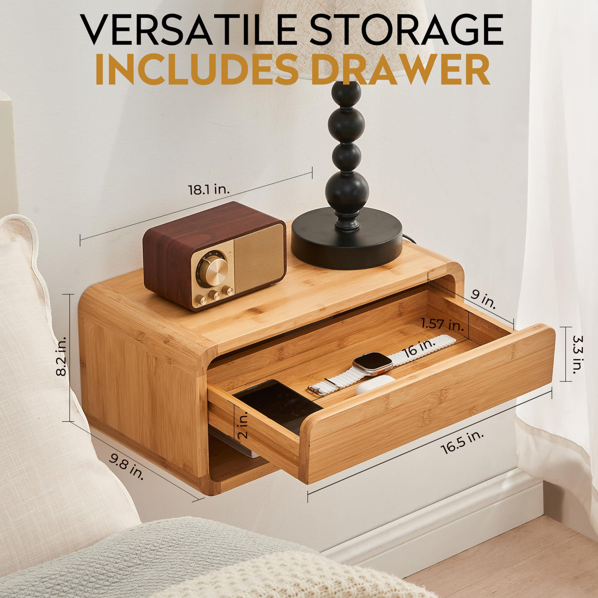 Bamboo Floating Nightstand with Drawer & Open Shelf - Fully Assembled Wall Mounted Bedside Table with Modern Design for Bedroom and Small Spaces - FSC Certified Bamboo Side Table Loom Interiors