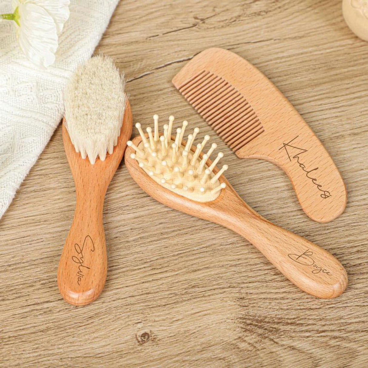 3Pcs Personalised Baby Hairbrush & Comb Set Custom Engraved Baby Brush and Comb Set for Girls Personalized Wooden Baby Hairbrush Baby Shower Keepsake Gift Baby Girl Gift Idea ZYMECH