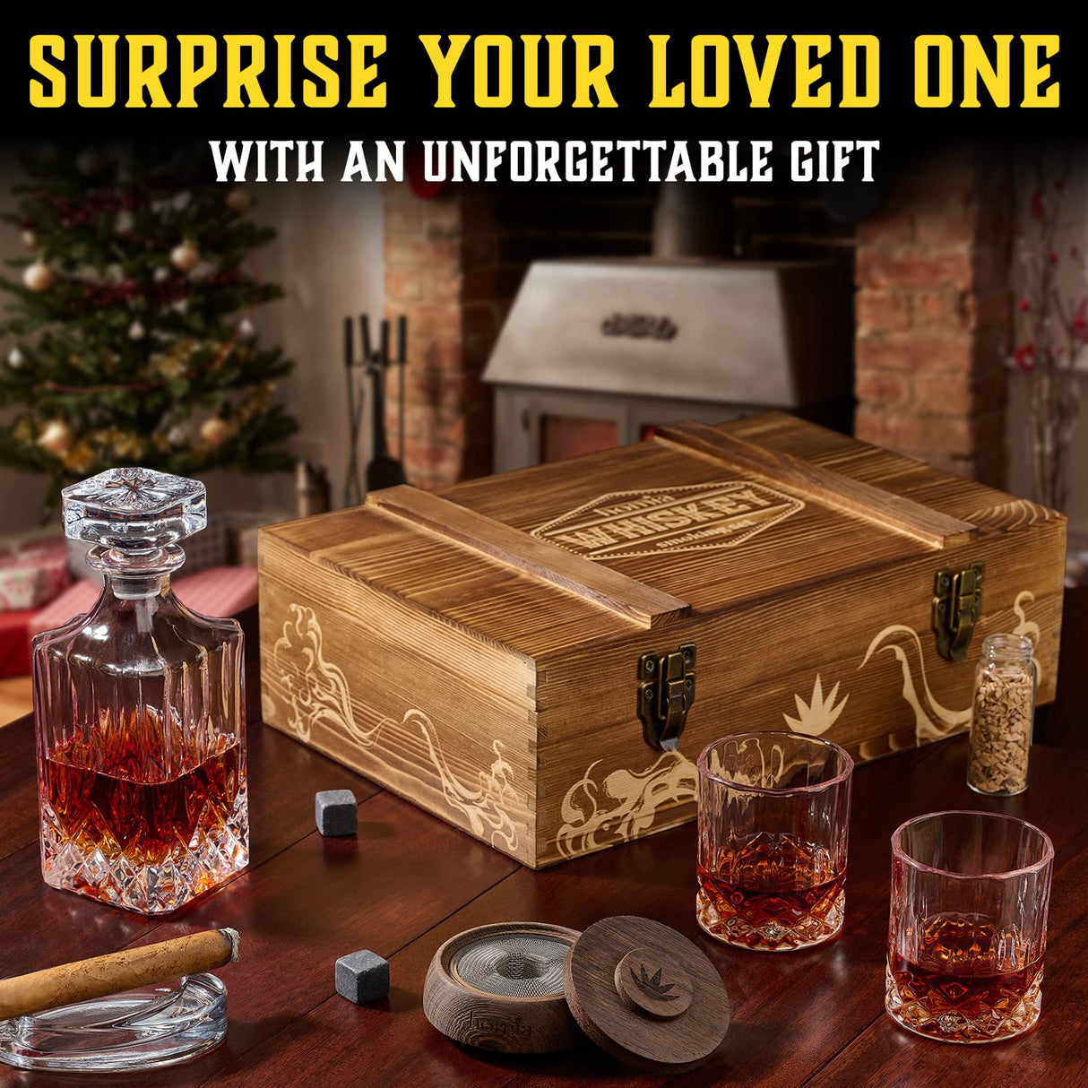 Whiskey Gift Set, 14 pcs - Whiskey Decanter + Wooden Smoker + Old Fashioned Glasses - 2 pcs, in Wooden Box with Wood Chips, Whiskey Stones 6 pcs Included - Gift for Men (Torch Not Included) homia