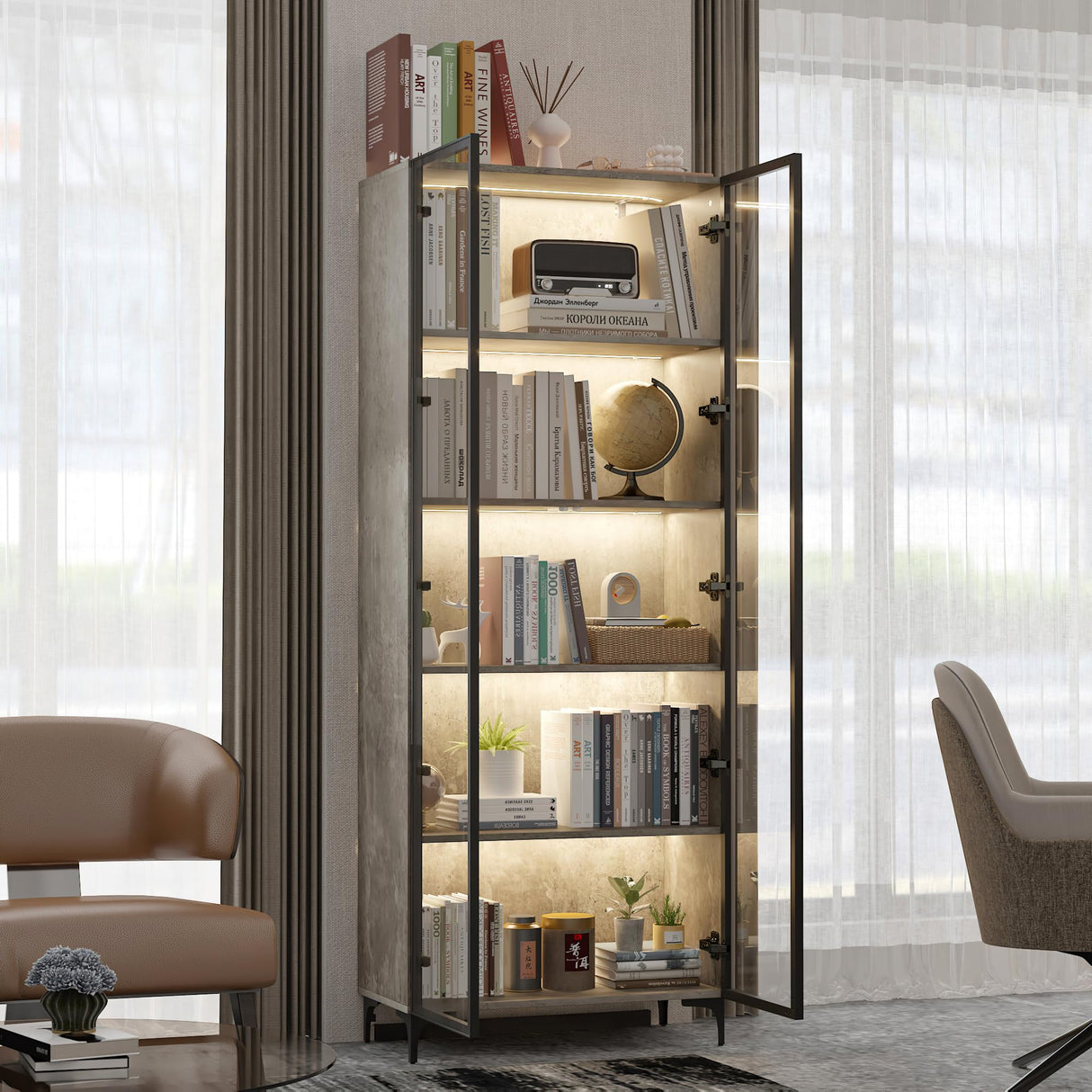 ECACAD 5 Tier Glass Display Cabinet with Light, Storage Curio Cabinet with Pop-up Glass Doors, Collectors Figure Organizers Wine Rack Bookcase for Living Room/Home Office/Dining Room, Rustic Grey ECACAD