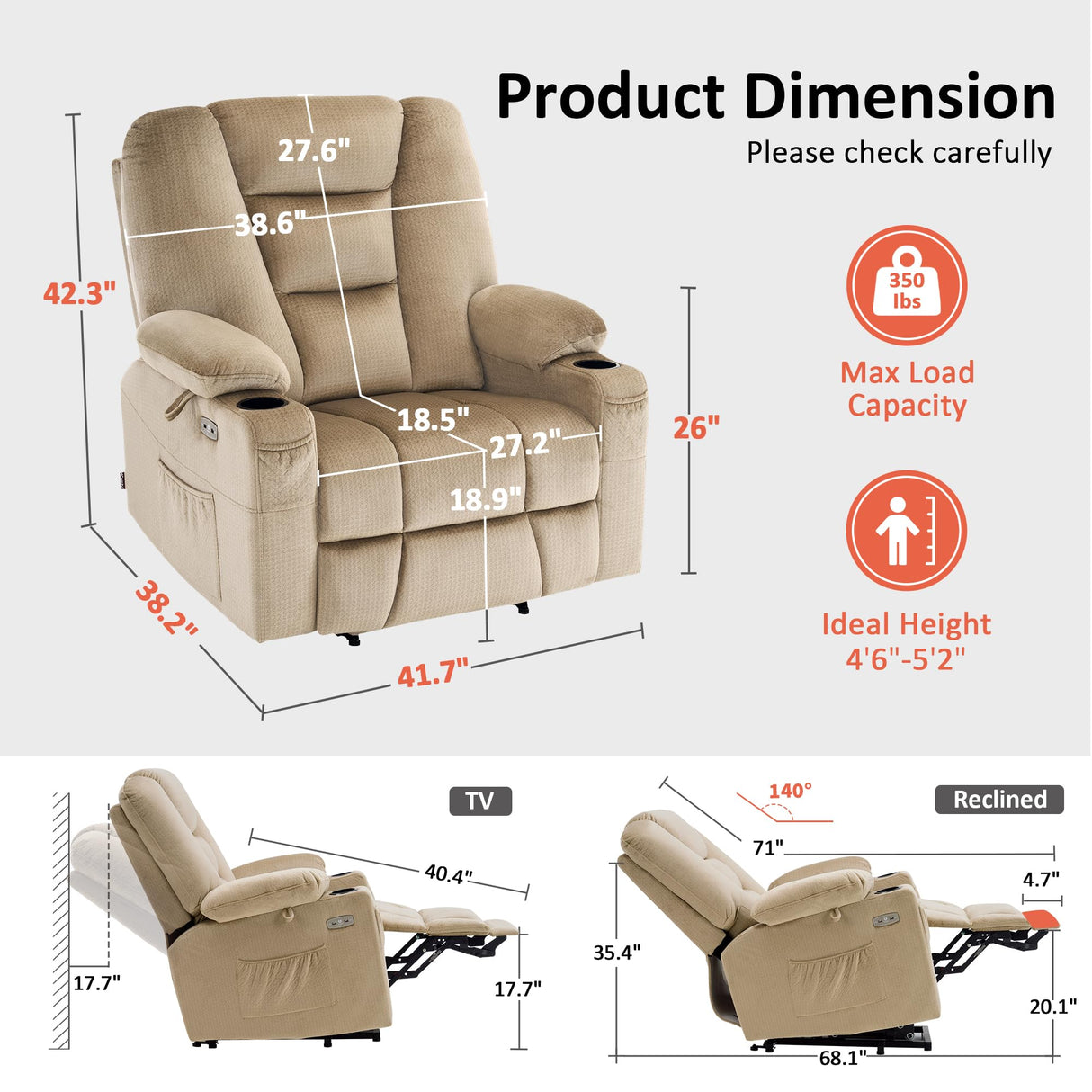 MCombo Oversized Power Lift Recliner Chair Sofa with Massage and Heat for Elderly People Petite, USB Ports, Side Pockets, Fabric R7561 (Beige, Small-Oversize) MCombo
