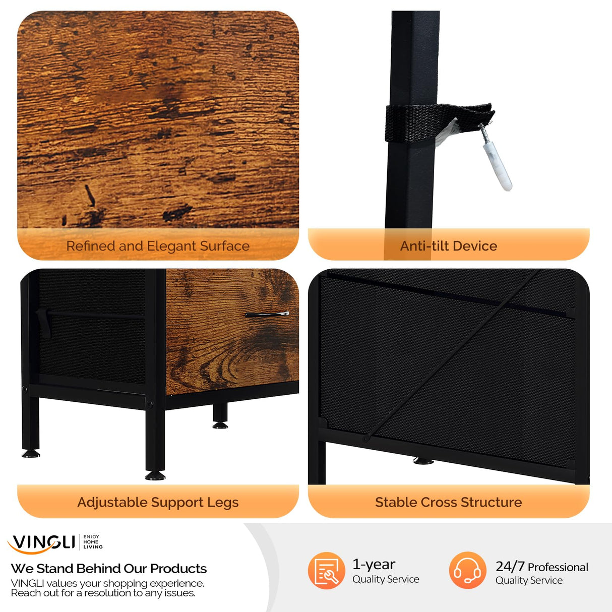 VINGLI Fireplace TV Stand Dresser with Fabric Drawer, Entertainment Center with LED Lights and Industrial TV Console Table with Open Storage Shelves for Living Room, Bedroom,Rustic Brown VINGLI