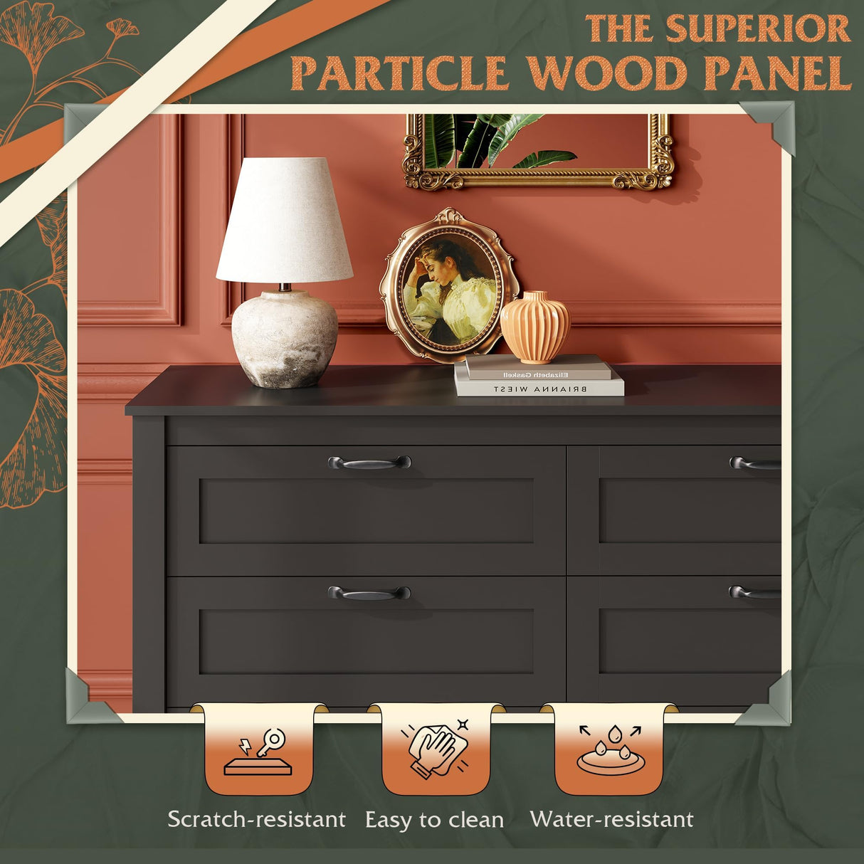 WLIVE 6 Drawer Dresser, Retro Chest of Drawers with Metal Handle, Double Wood Dresser for Bedroom, Living Room, Large Storage Cabinet, Black WLIVE