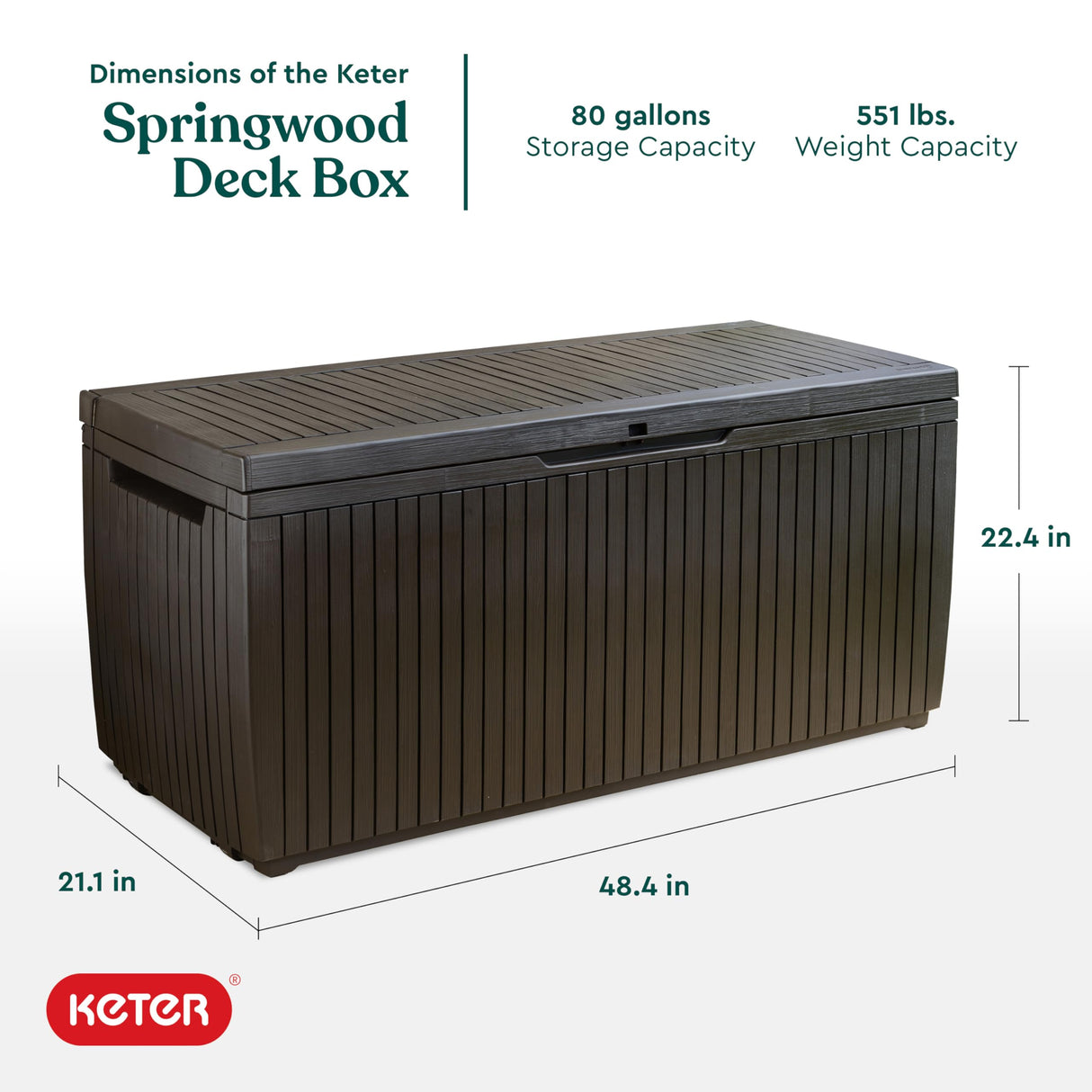 Keter Springwood 80 Gallon Resin Outdoor Storage Box for Patio Furniture Cushions, Pool Toys, and Garden Tools with Handles, Brown Keter