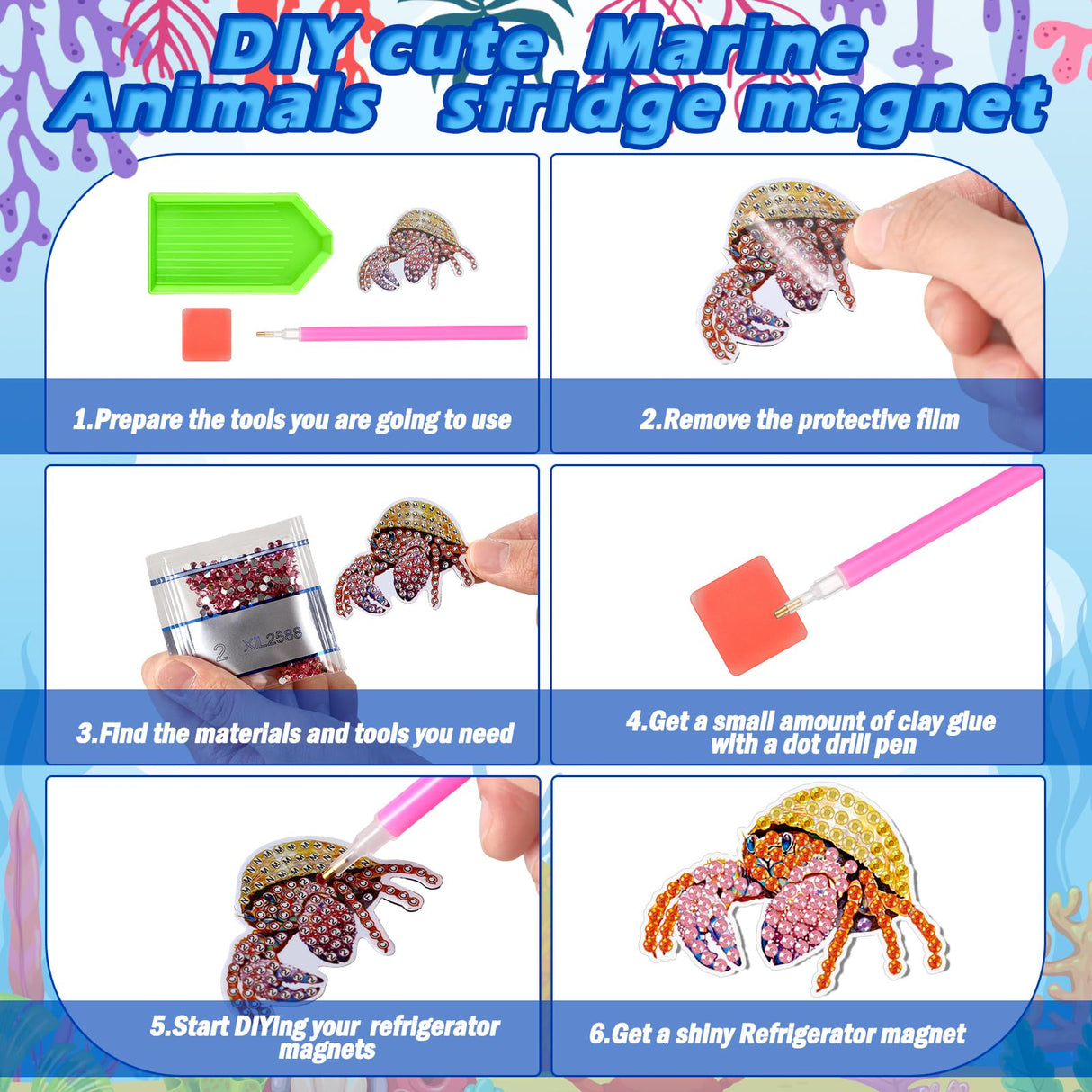 Xuhal 30 Pcs Ocean Animal Diamond Painting Magnets Sea Animal Diamond Art Magnets Kits for Adults 5d Rhinestone Dolphin Turtle Beach Refrigerator Magnetic Sticker for Fridge Beginner DIY Craft Gifts Xuhal