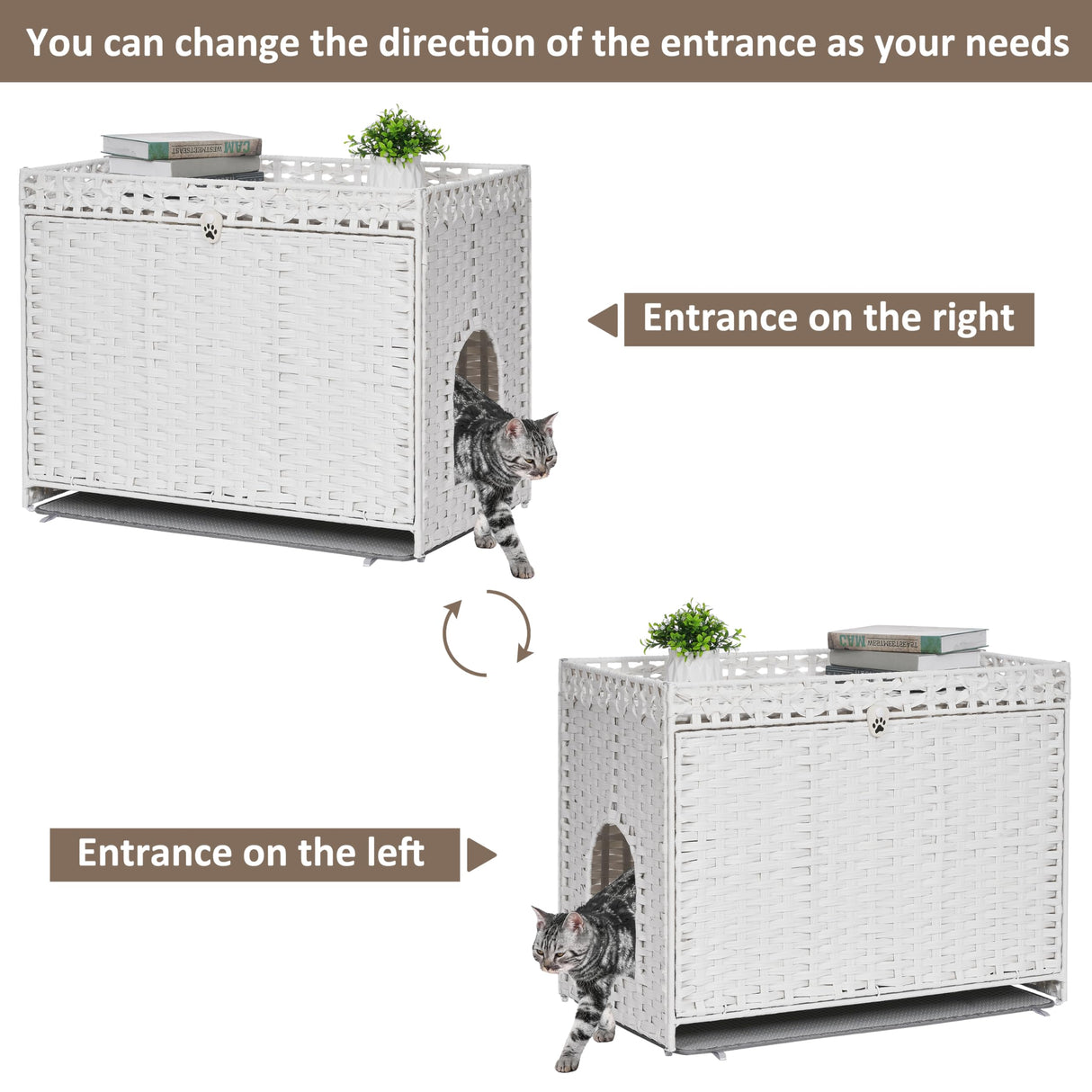 Cat Litter Box Enclosure with Soft Litter Mat; Hidden Cat Washroom Furniture with Door; Handwoven Rattan Cat House with Large Space; Pet Crate for Living Room, Bedroom, Balcony (White) Honiakaka