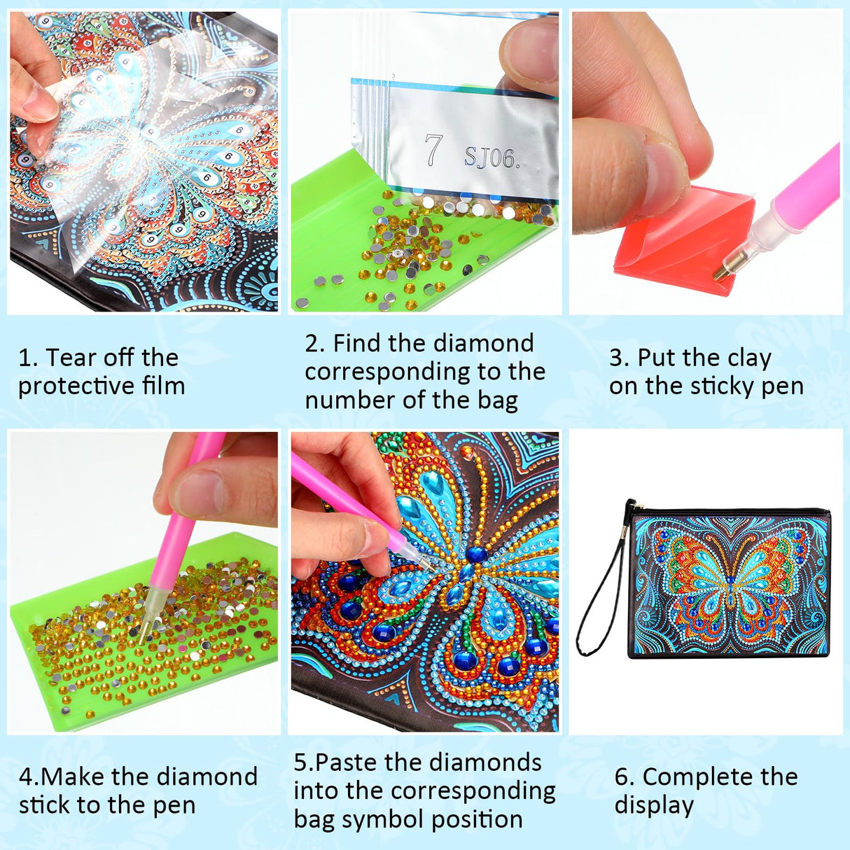Silkfly 6 Pcs Diamond Painting Purses Clutch DIY Diamond Handbag PU Leather Painting Bags 5d Handmade Wristlet Wallet with Strap and Zipper for Women Gift(Butterfly Style) Silkfly