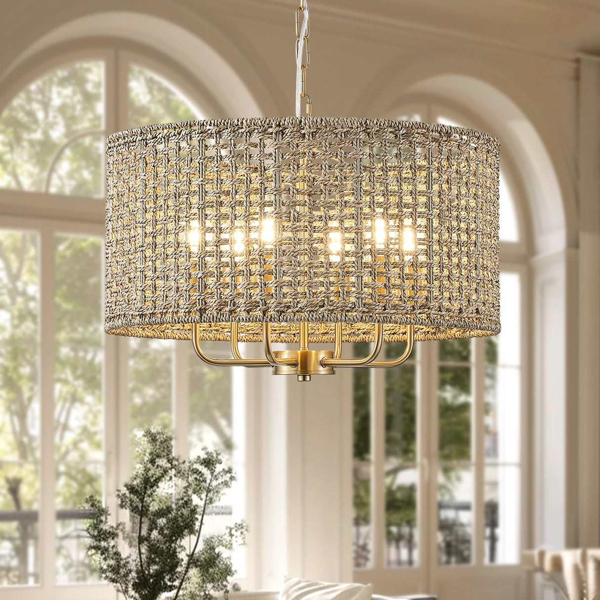 Giutna 20" Rattan Hand-Woven Boho Chandelier for Dining Room, 6-Light Rattan Drum Wicker Farmhouse Chandelier Large Vintage Chandelier Pendant Light Fixture for Kitchen Island Entryway(Gold) Giutna